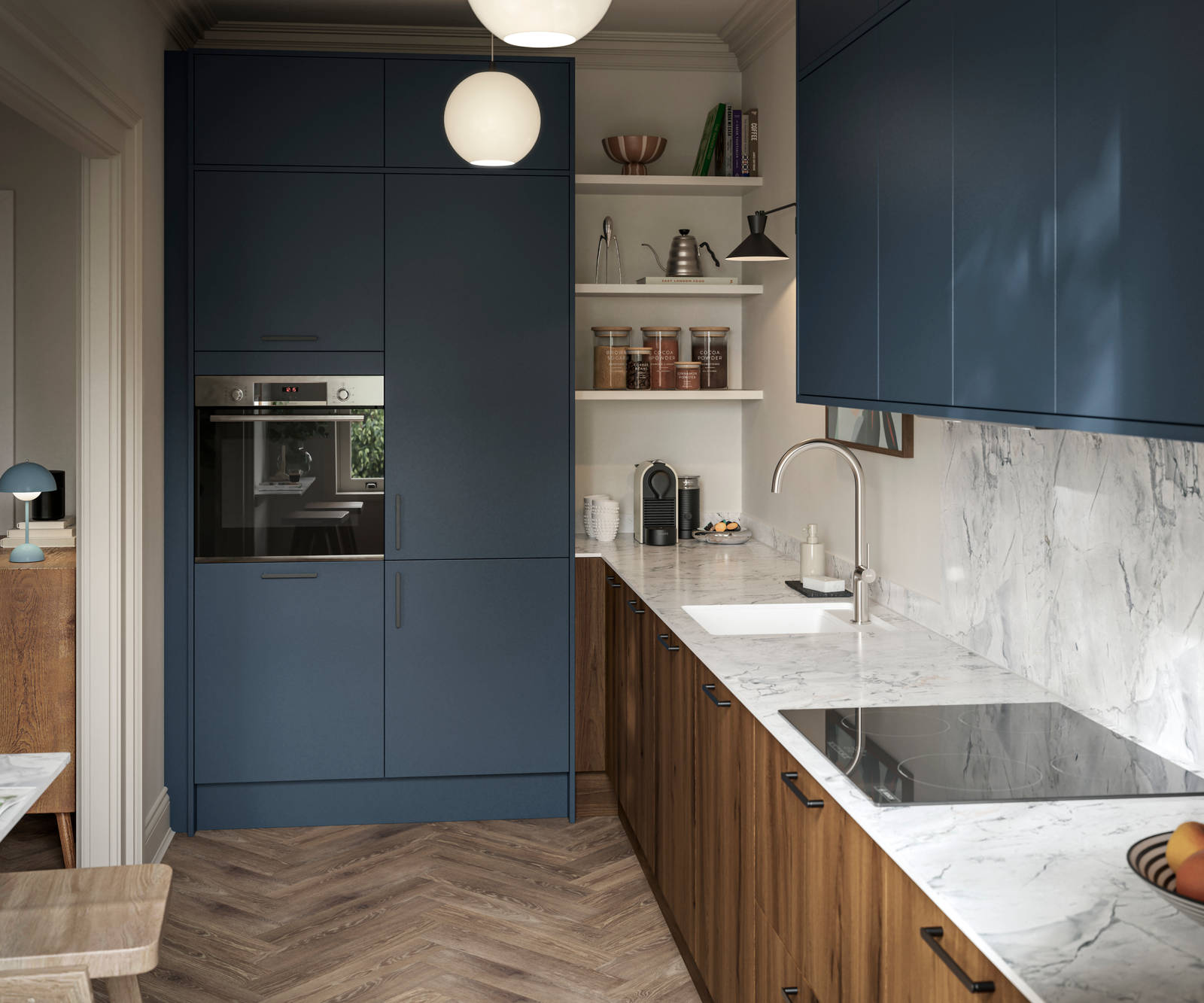 Contemporary Ascoli Mineral Blue tall cabinets and wall cabinets over Portobello Umbra kitchen cabinets with marbled compact laminate worktop, black handles and Amtico smouldered oak herringbone flooring.