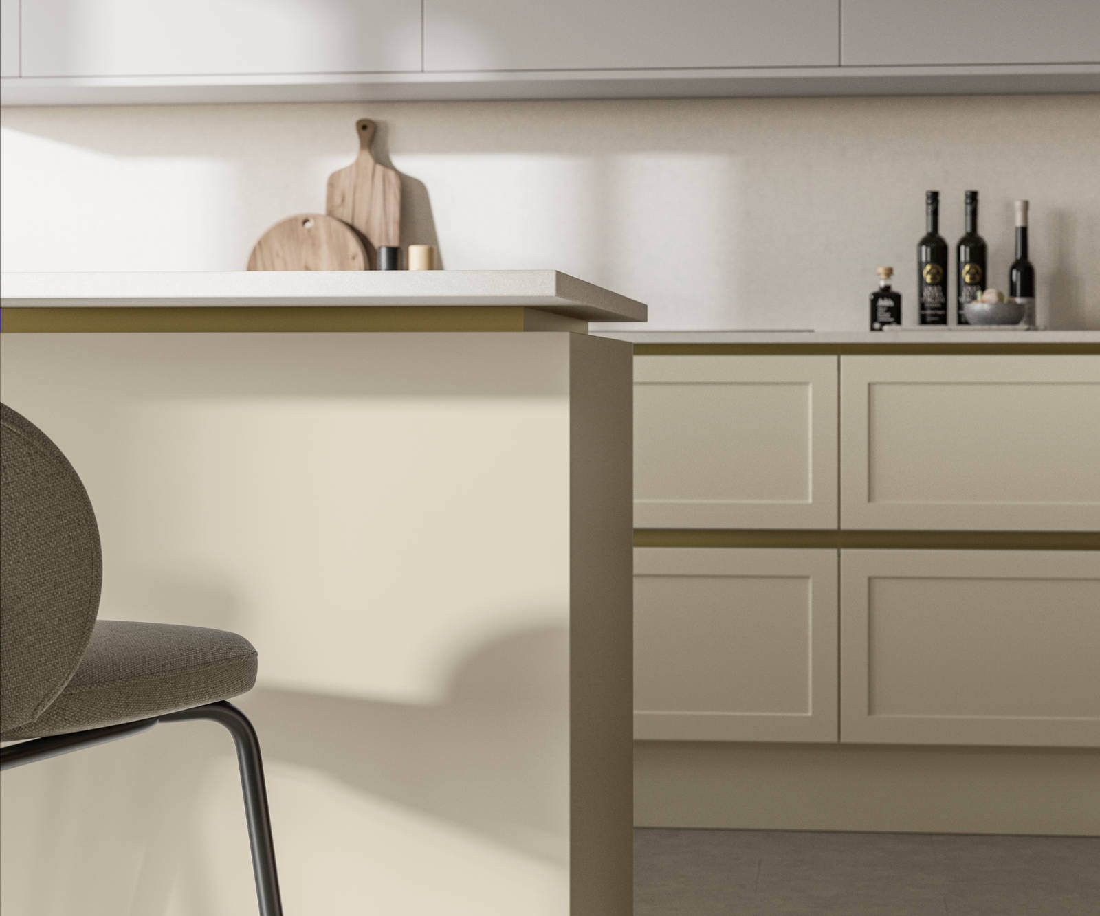 Integra Dunham Parchment, with brass details and a white worktop.