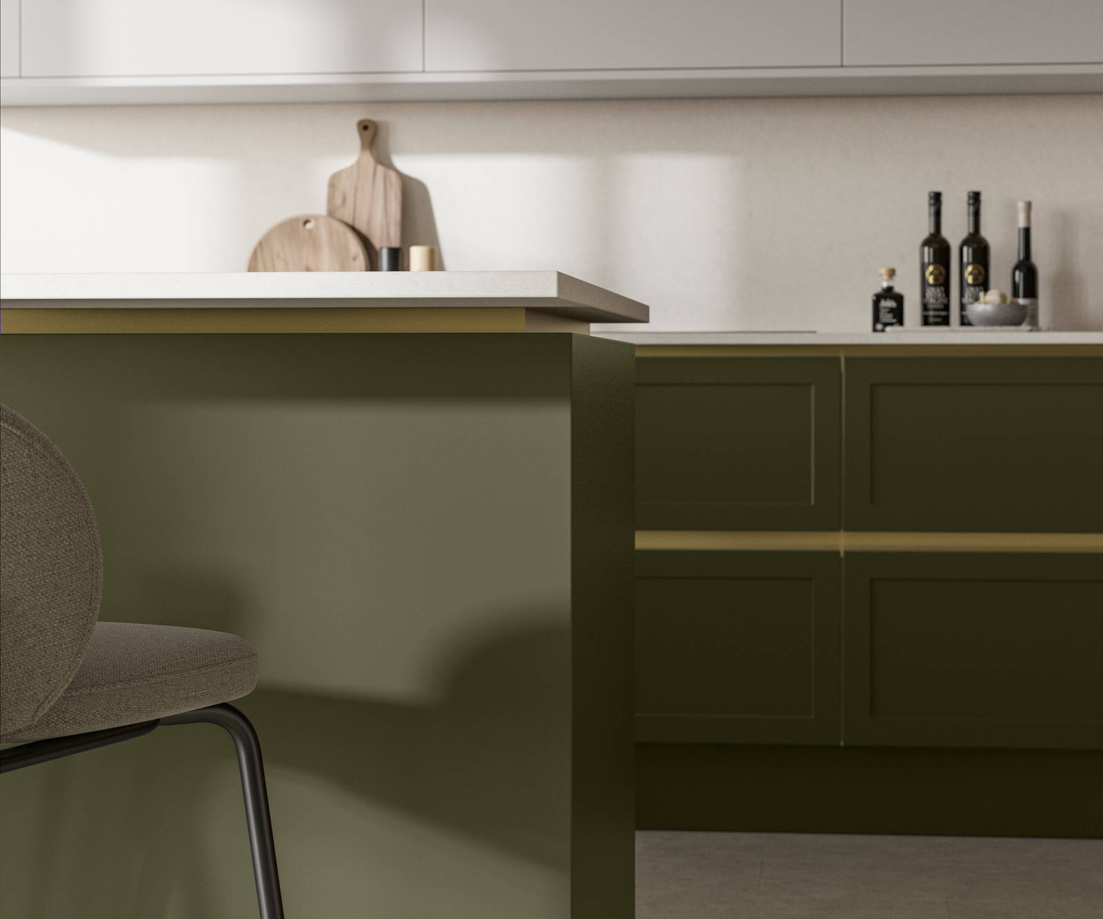 Integra Dunham Tailored Green, with brass details and a white worktop.