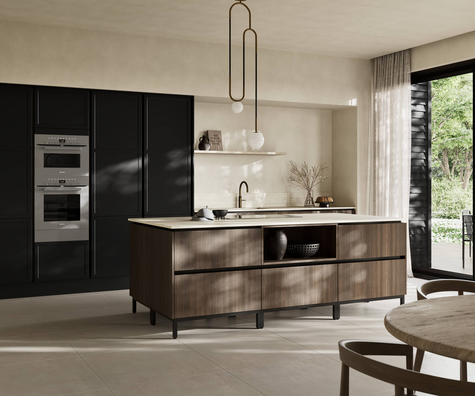 Handleless Integra Brunswick Sumi Black ultra-slim super-matt Shaker design and handleless rail system, with built-in ovens,  Portobello kitchen island and soft white marbled worktop and upstand, brushed brass tap.
