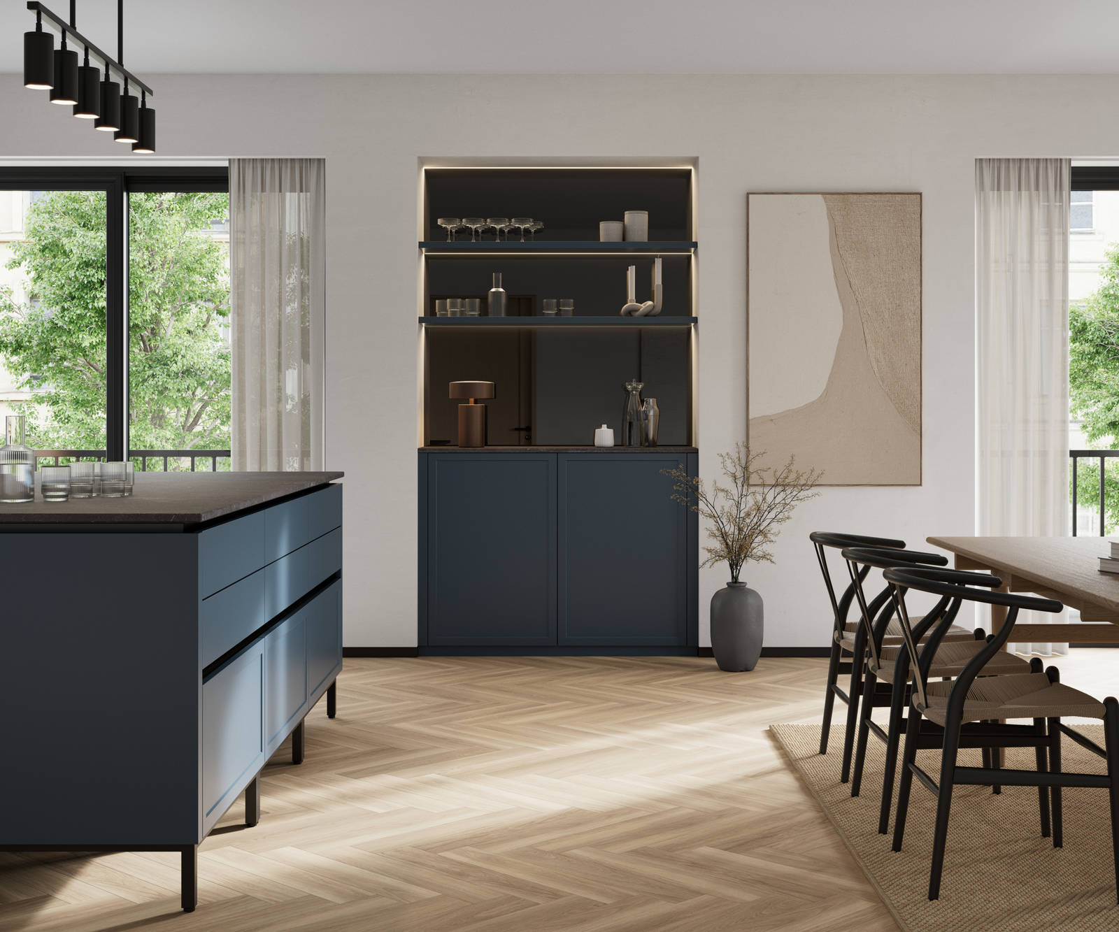Handleless Integra Brunswick kitchen island and sideboard with an ultra-slim super-matt Shaker design and handleless rail system, in dark blue shade Voyage Blue, with black accessories and fluted glass wall cabinets