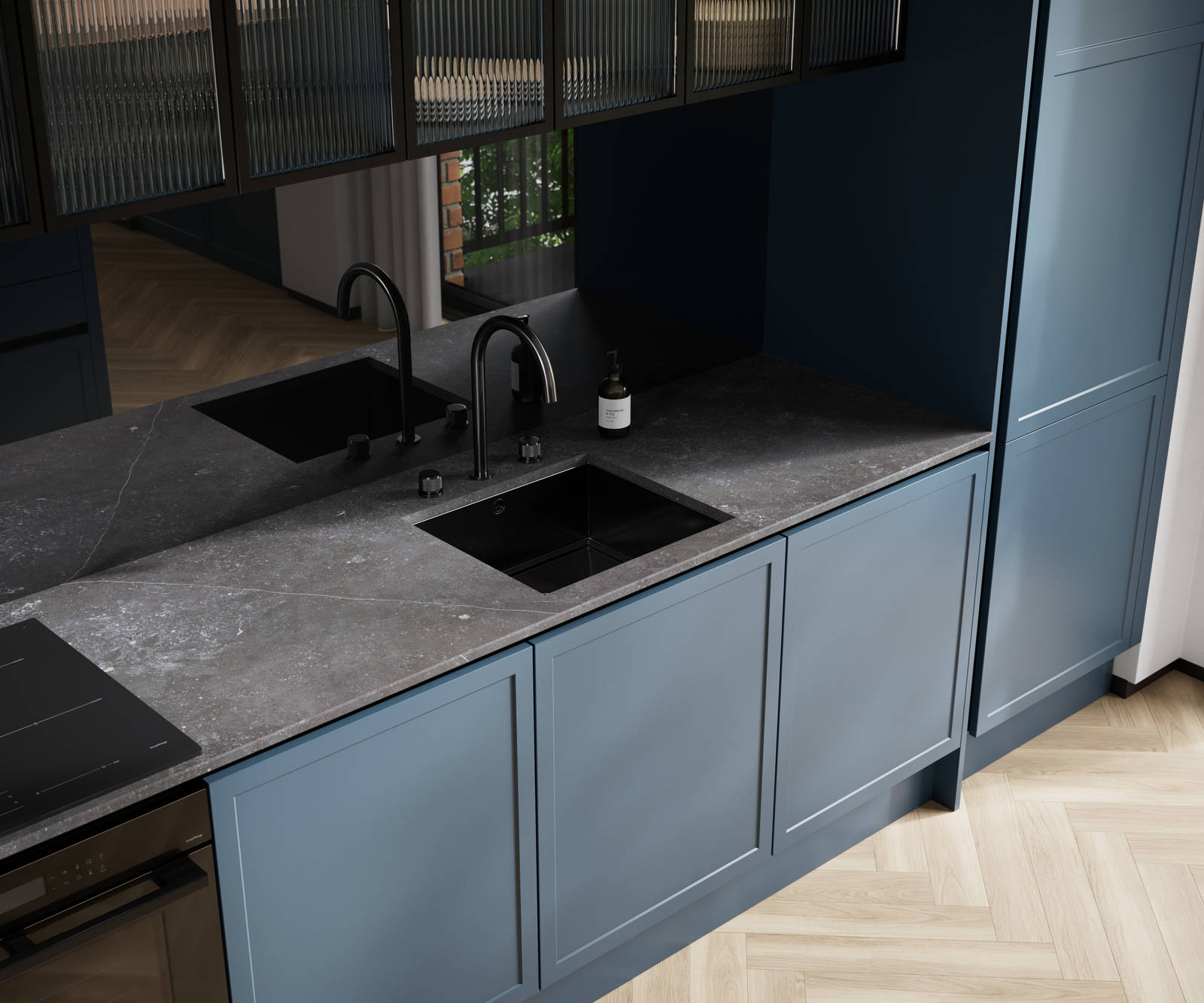 Handleless Integra Brunswick with an ultra-slim super-matt Shaker design and handleless rail system, in dark blue shade Voyage Blue, with black accessories and fluted glass wall cabinets