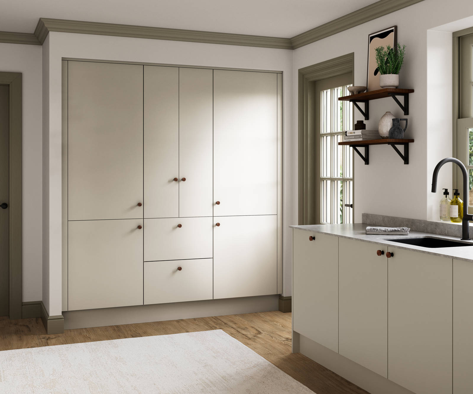 Modern slab kitchen Ascoli in neutral shade Limestone with brass knobs and black tap