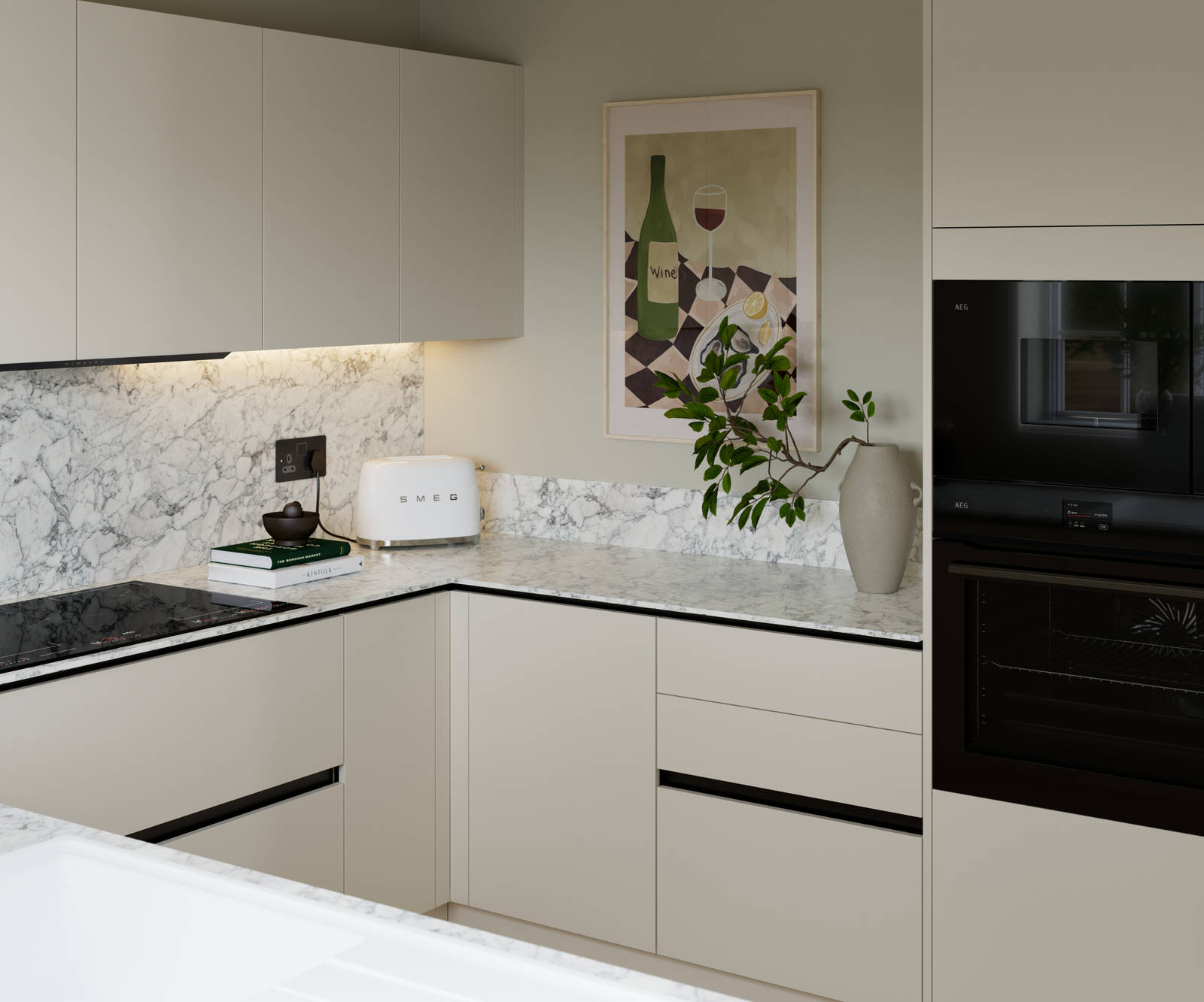 Light neutral shade fluted kitchen  with integrated appliances, white and grey marble worktop and upstand.