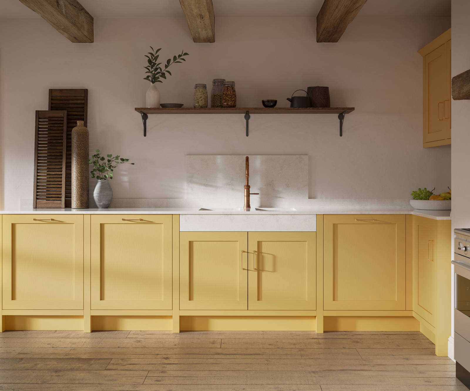 Shaker kitchen in the bright and beautiful yellow shade Harvest, paired with open wooden shelf and a marbled worktop.