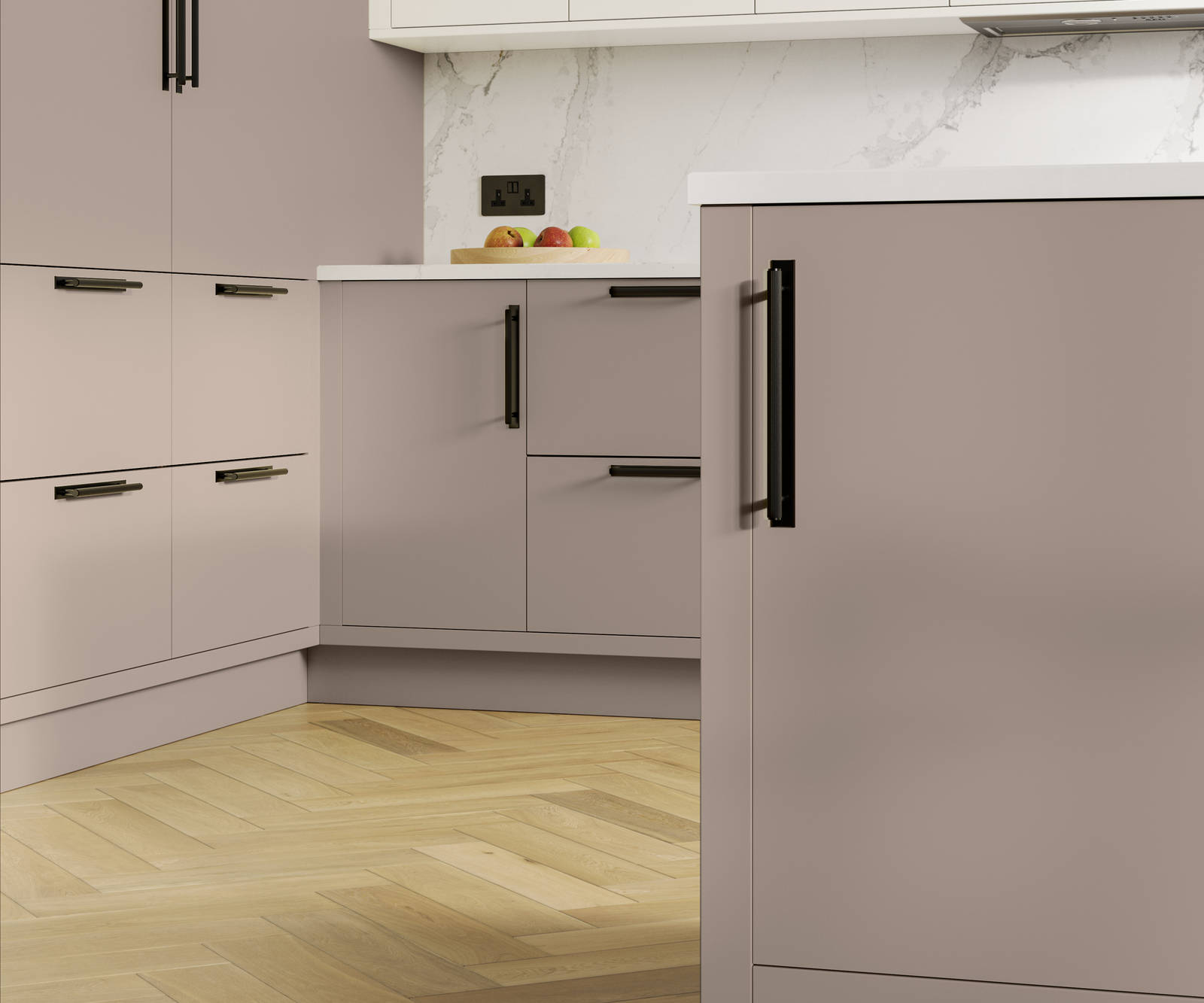 Modern slab front Soho Portland Blue kitchen with black handles, white marbled worktop and matching backsplash, wooden herringbone parquet flooring.
