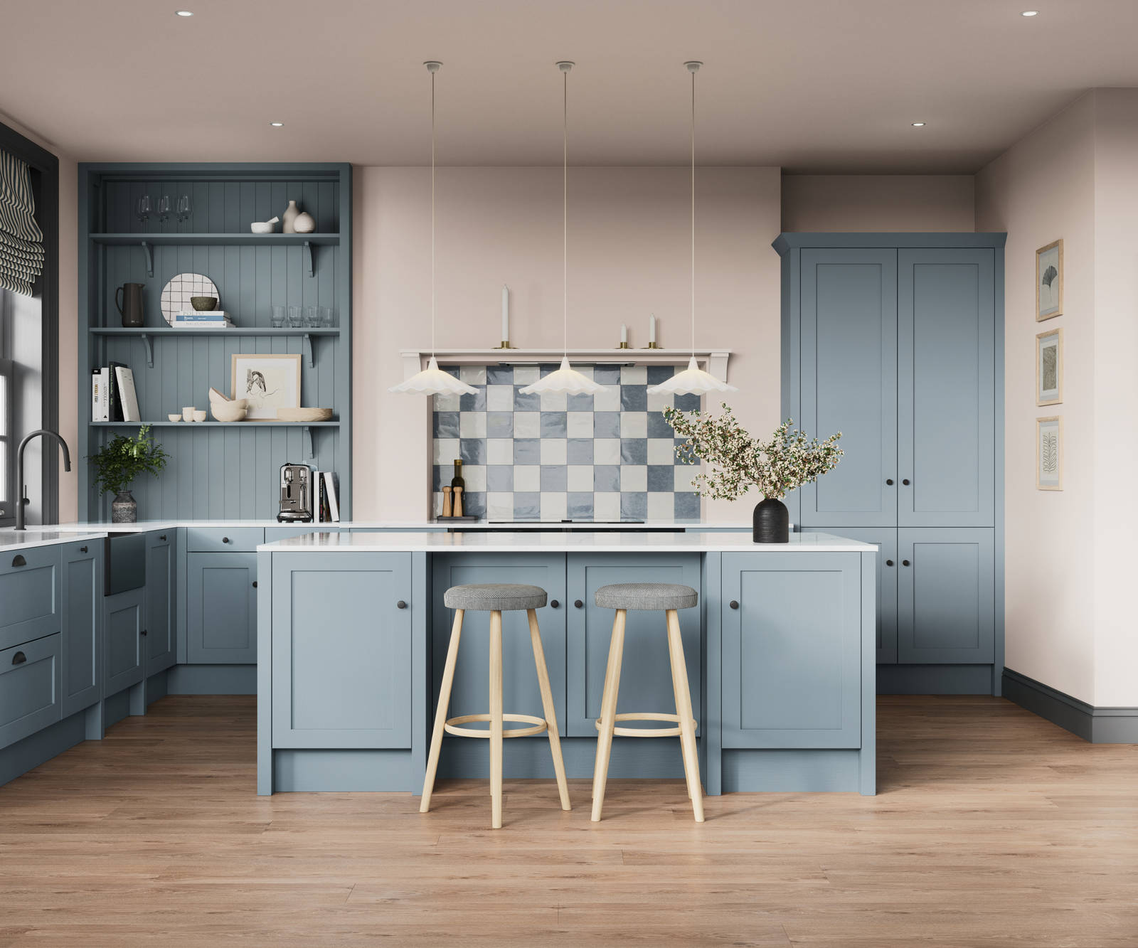 Premium Shaker kitchen Wardley Portland Blue including kitchen island with traditional detailing, black accessories, white worktop and matching blue open shelves with blue panelling and checkered tiling over range cooker.