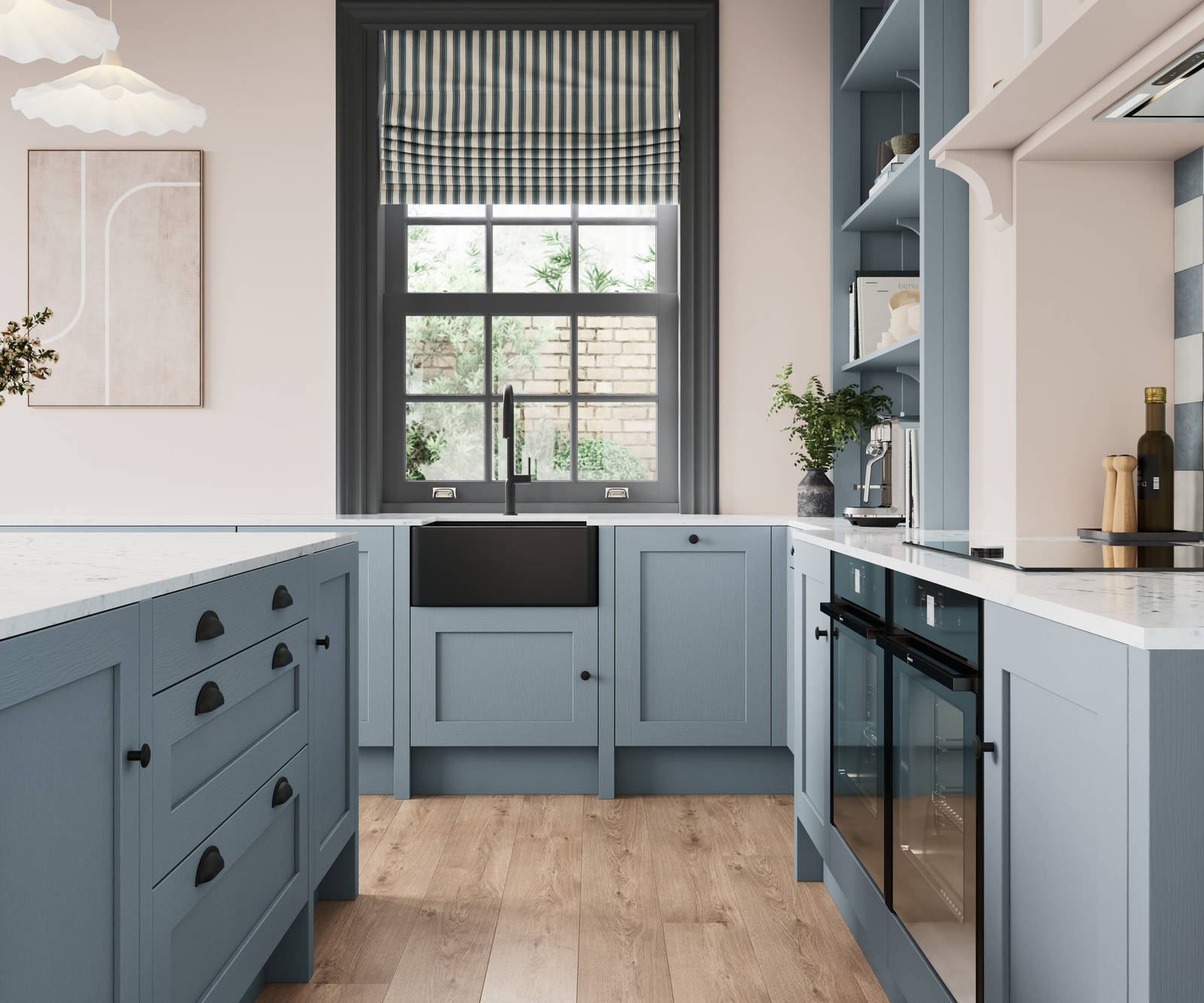 Parallell view of premium Shaker kitchen Wardley Portland Blue including kitchen island with traditional detailing, black accessories, white worktop and matching blue open shelves with blue panelling and checkered tiling over range cooker.