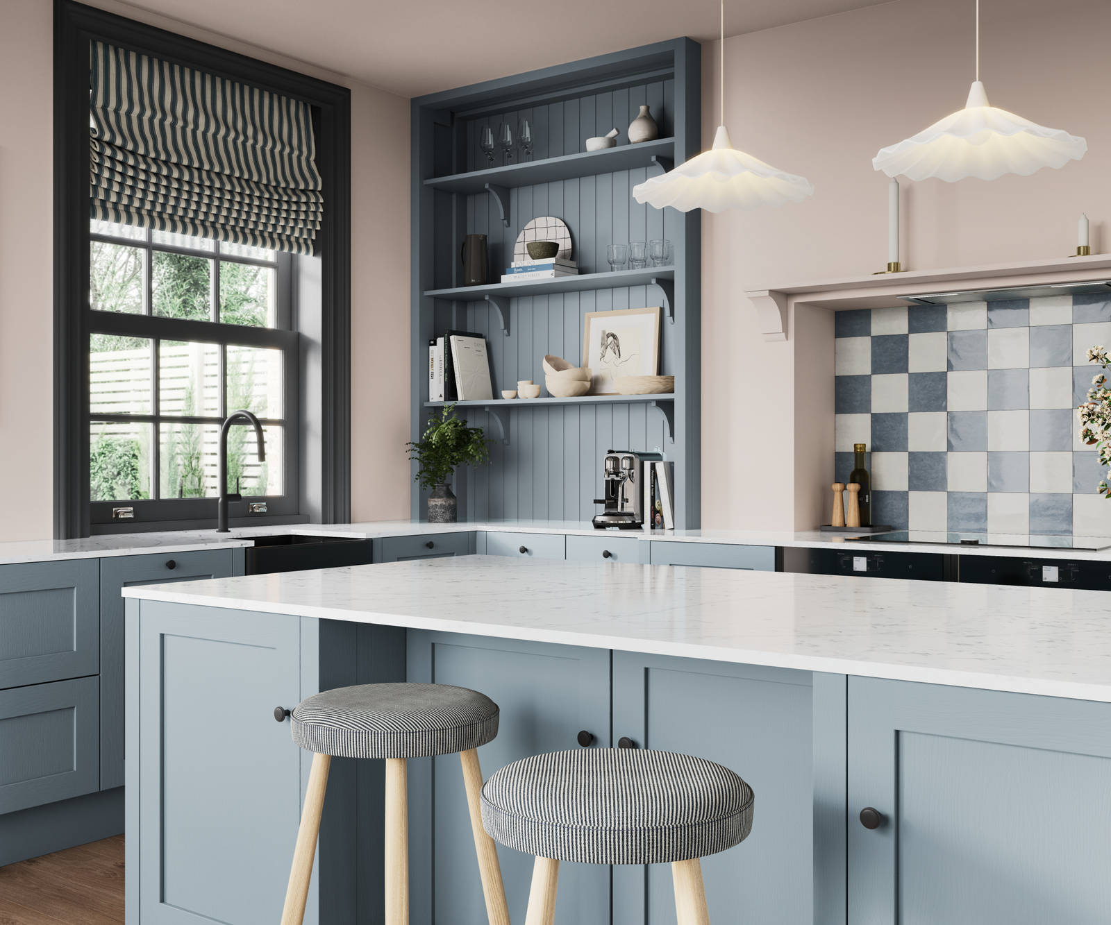 Close-up view over kitchen island in premium Shaker kitchen Wardley Portland Blue with traditional detailing, black accessories, white worktop and matching blue open shelves with blue panelling.