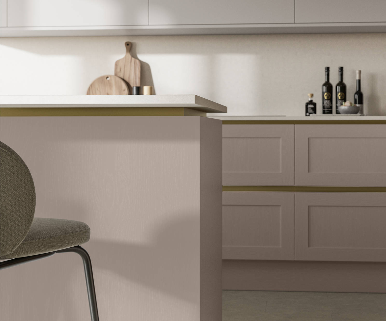 Handleless Shaker kitchen Integra Wardley Cornish Clay is traditional and contemporary with its narrow frame door with integrated handles and a painted timber finish.