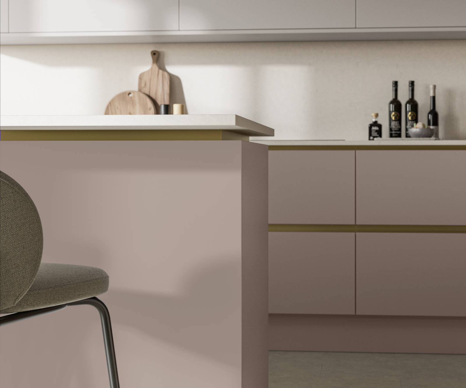 Frameless slab door Integra Soho Cornish Clay from Magnet with integrated handles in a smooth paint finish, perfect for a modern, minimalist kitchen with linear, clean lines.