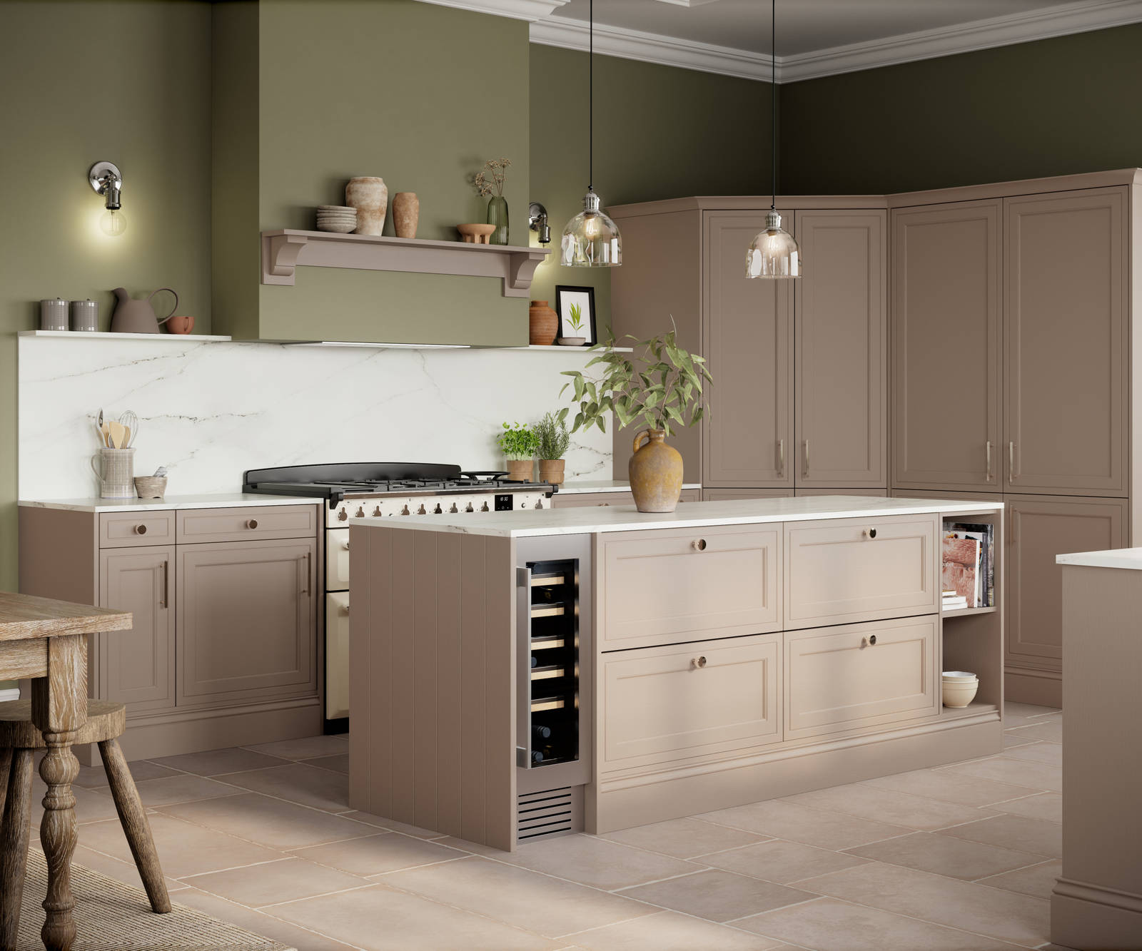 Shaker style painted wood grain Bewdley kitchen in neutral shade Cornish Clay, tall cabinets and kitchen island with marbled worktop and matching backsplash, wine cooler in the kitchen island and gas range cooker.