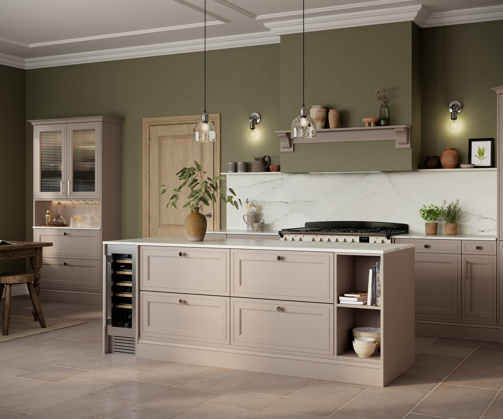 Shaker style painted wood grain Bewdley kitchen in neutral shade Cornish Clay, tall cabinets and kitchen island with marbled worktop and matching backsplash, wine cooler in the kitchen island and gas range cooker.