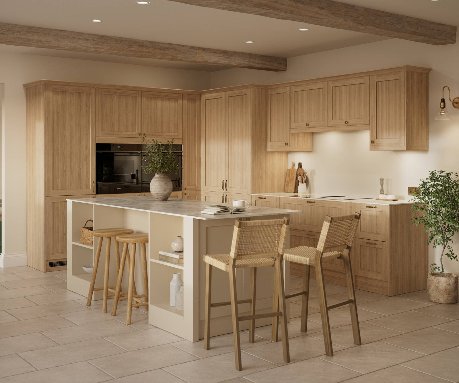 Traditional premium contemporary Shaker kitchen Ambleside in oak with brass knobs and handles, tall and wall-mounted cabinets and kitchen island with seating area and open shelves.