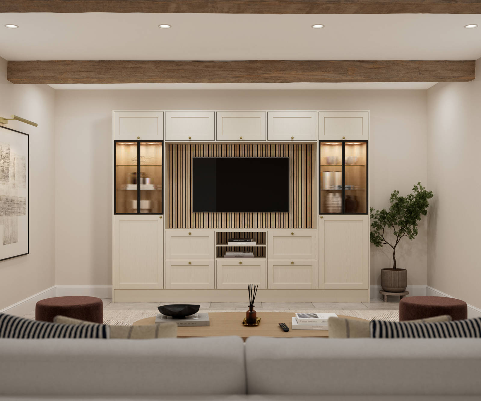 Media wall with Ambleside Shaker style cabinets, with sleek and modern frame width in the beige neutral cream shade Sand and fluted glass black aliminum framed vitrine.