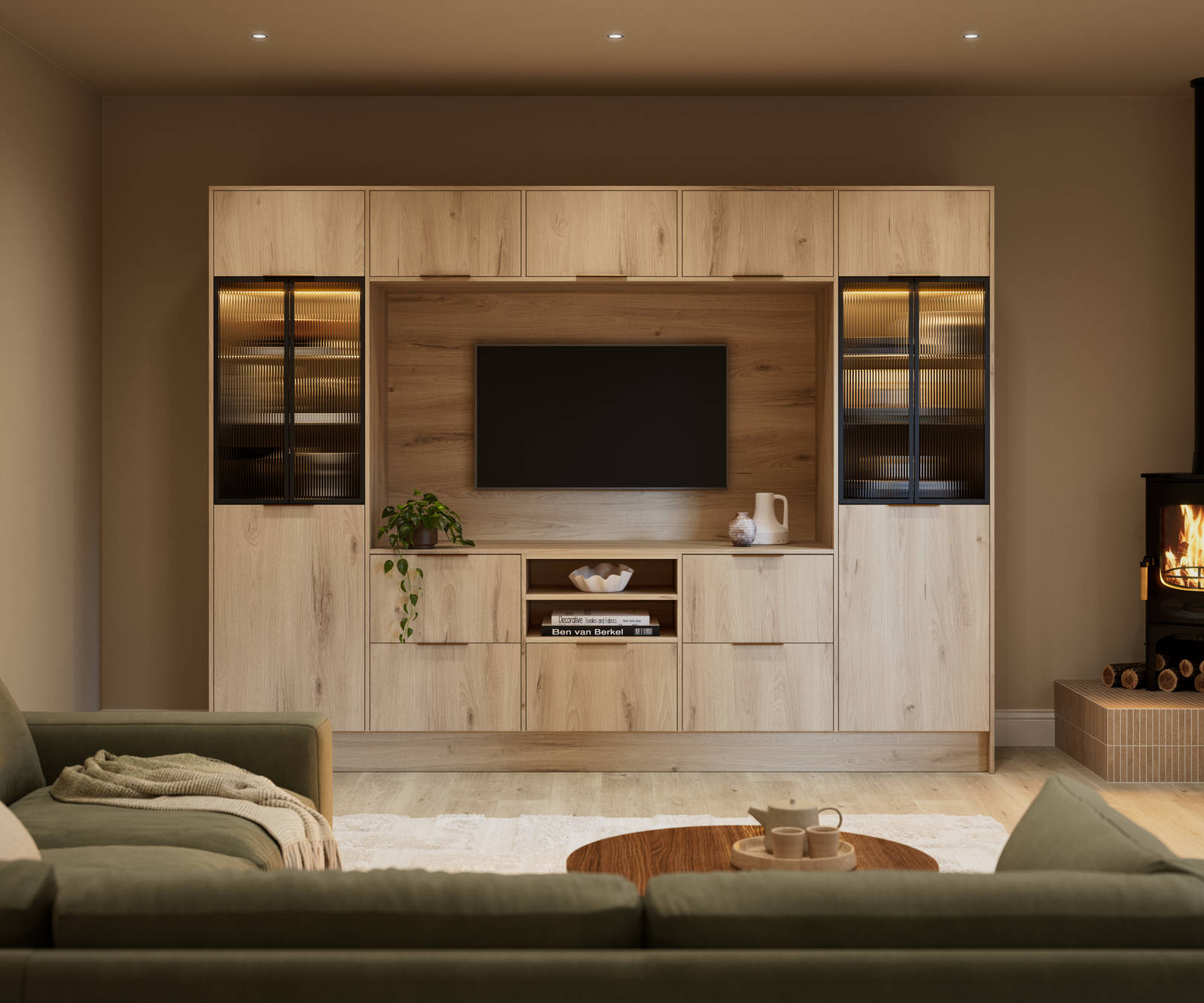 Media wall with Portobello Italian-made woodgrain textured cabinets and fluted glass black aliminum framed vitrine.