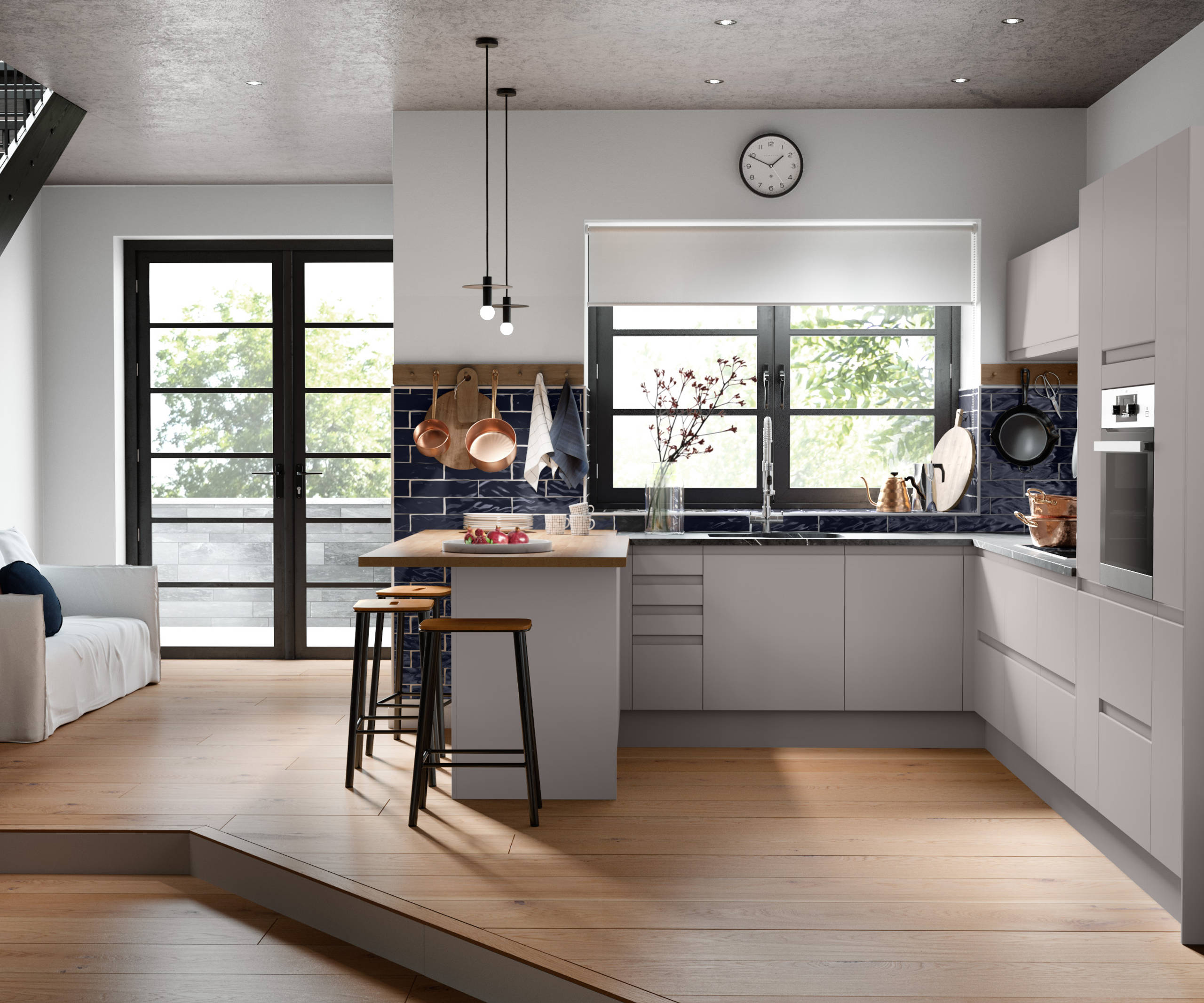 Luna Kitchen from Magnet. An affordable handless look with integrated J Pull doors for a stylish and modern look.