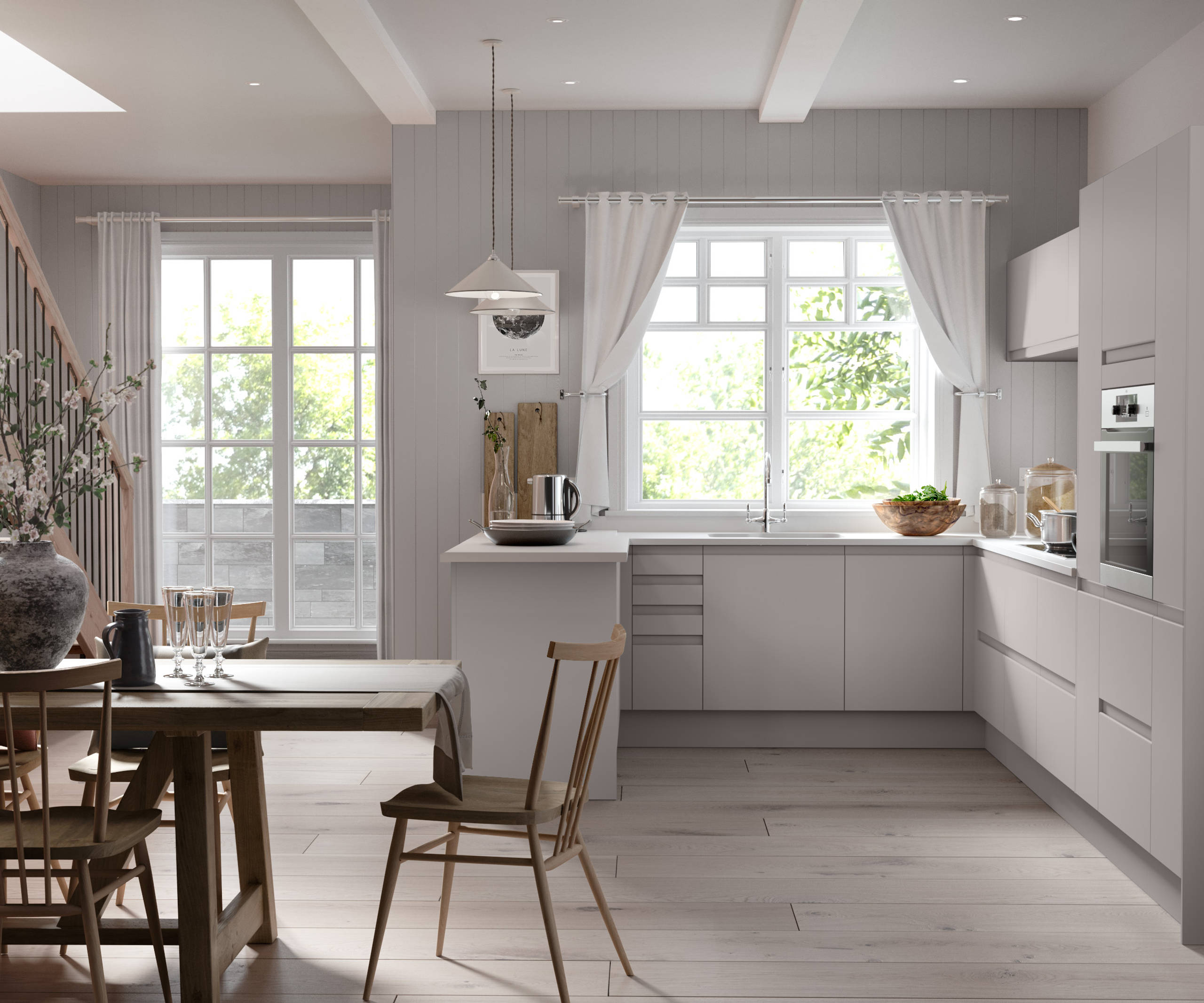 Luna Kitchen from Magnet. An affordable handless look with integrated J Pull doors for a stylish and modern look.