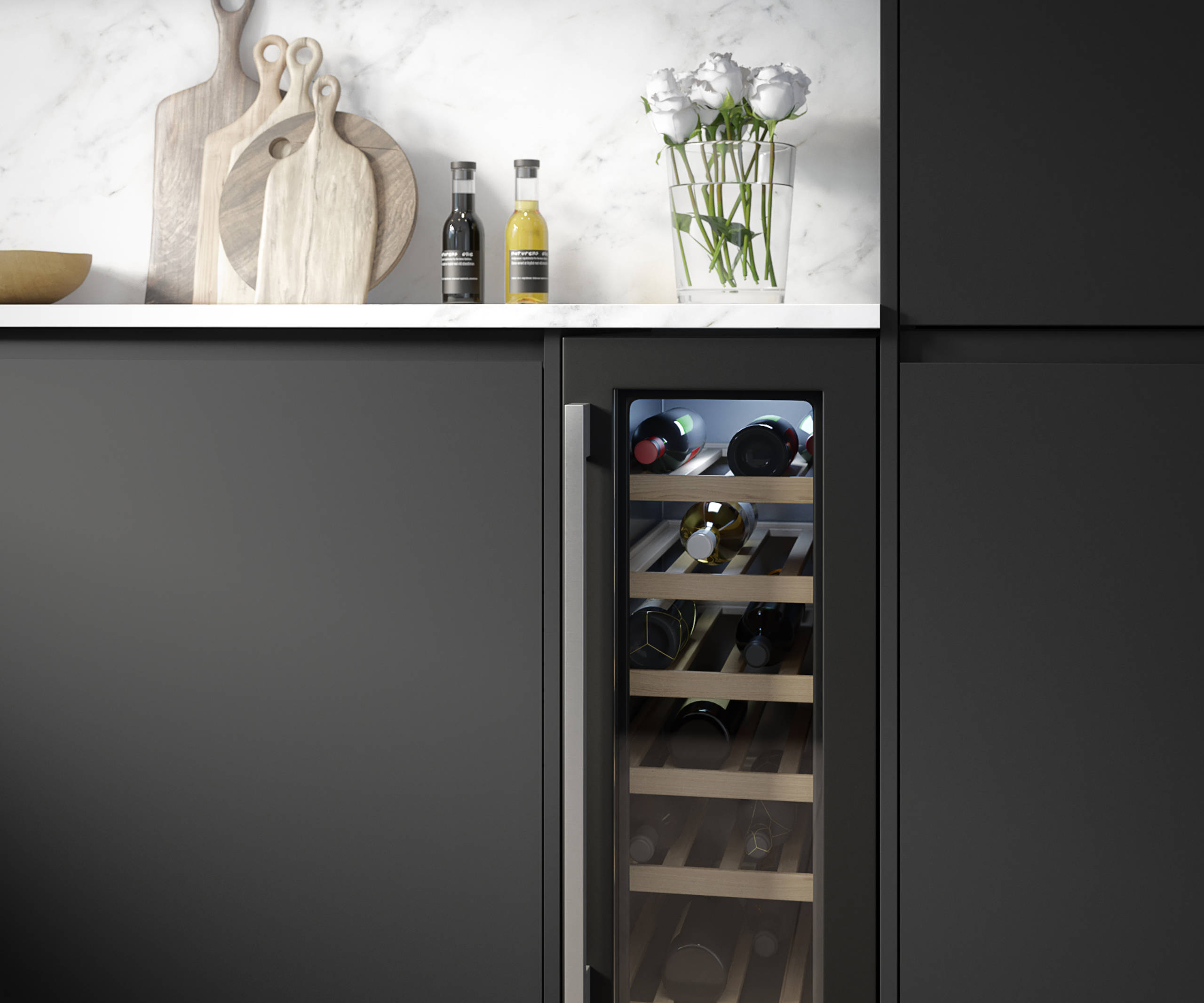 Luna Kitchen from Magnet. An affordable handless black kitchen with integrated J Pull doors for a stylish and modern look.