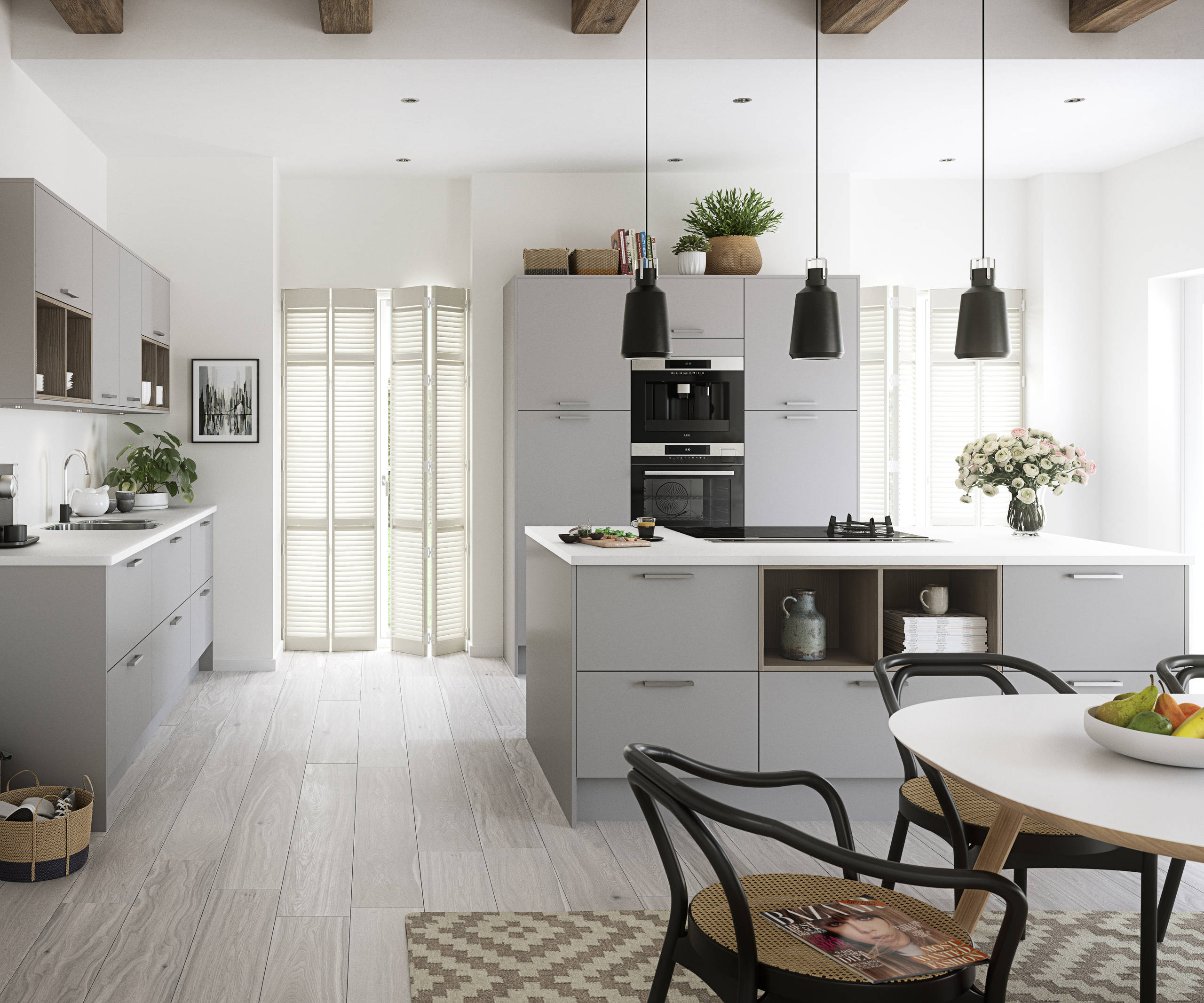 Nova by Magnet. Affordable slab door kitchen available in matt and super glass. 6 colours to choose from.