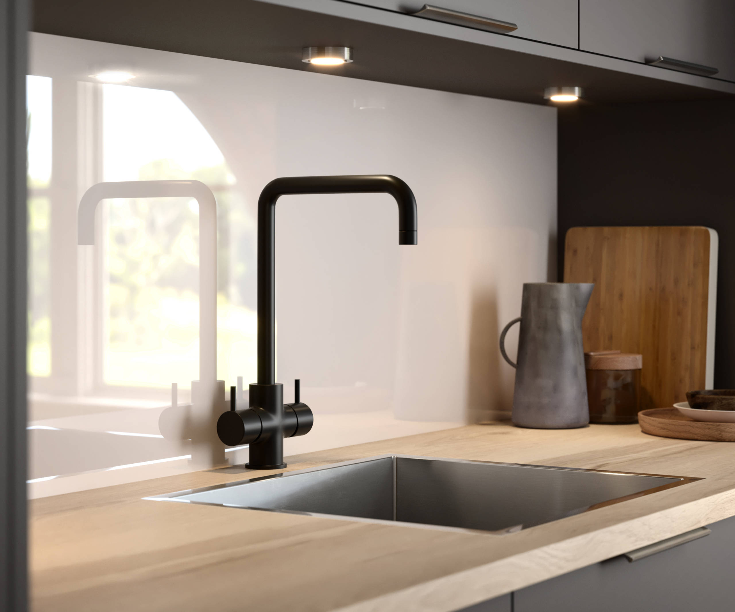 Nova by Magnet. Affordable slab door kitchen available in matt and super glass. 6 colours to choose from.