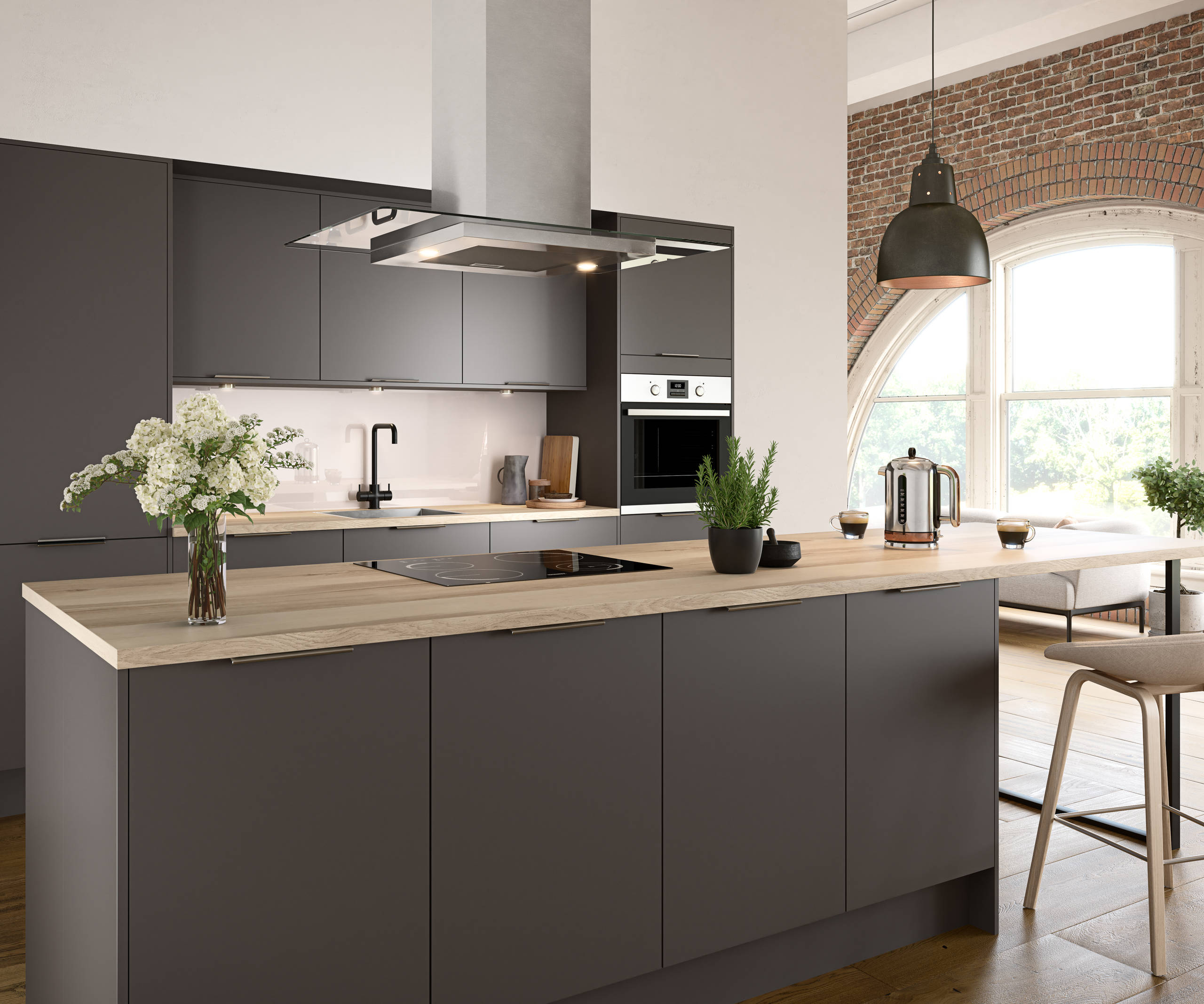 Nova by Magnet. Affordable slab door kitchen available in matt and super glass. 6 colours to choose from.