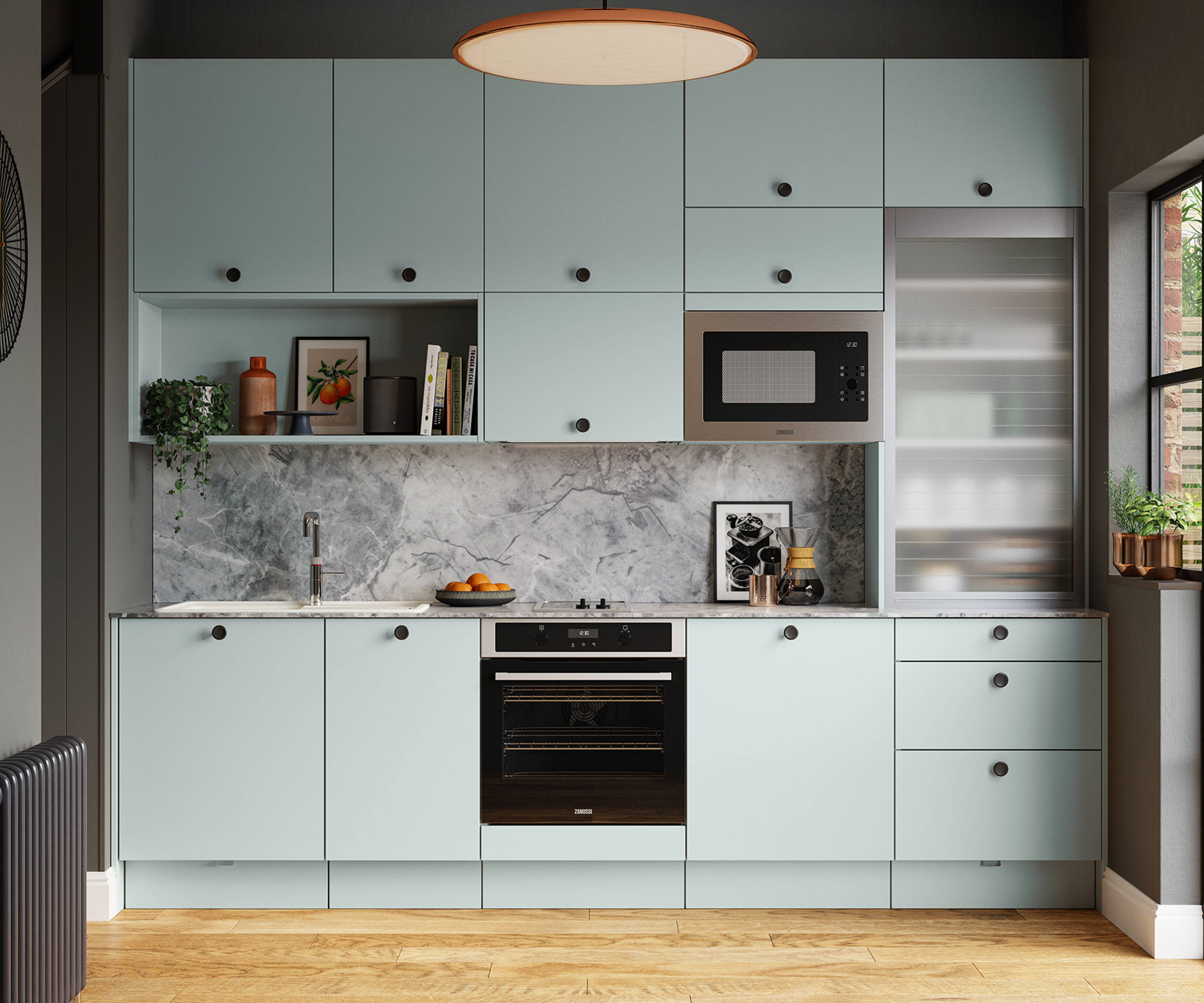 Soho from Magnet. Bold slab doors style this premium contemporary kitchen design available in 20 colours.