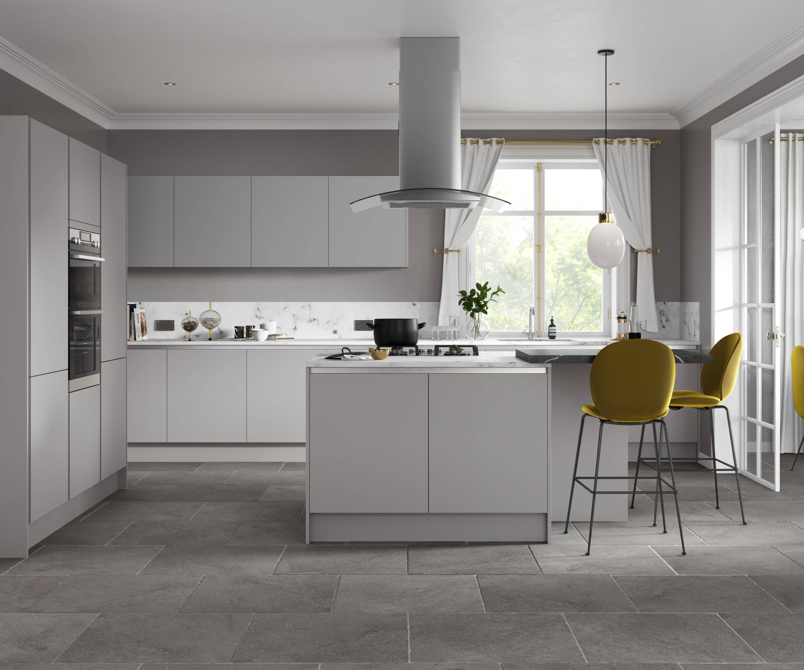 Integra Ascoli kitchen by Magnet. Matt finish handless door with trim brushed in aluminium for a high end finish.