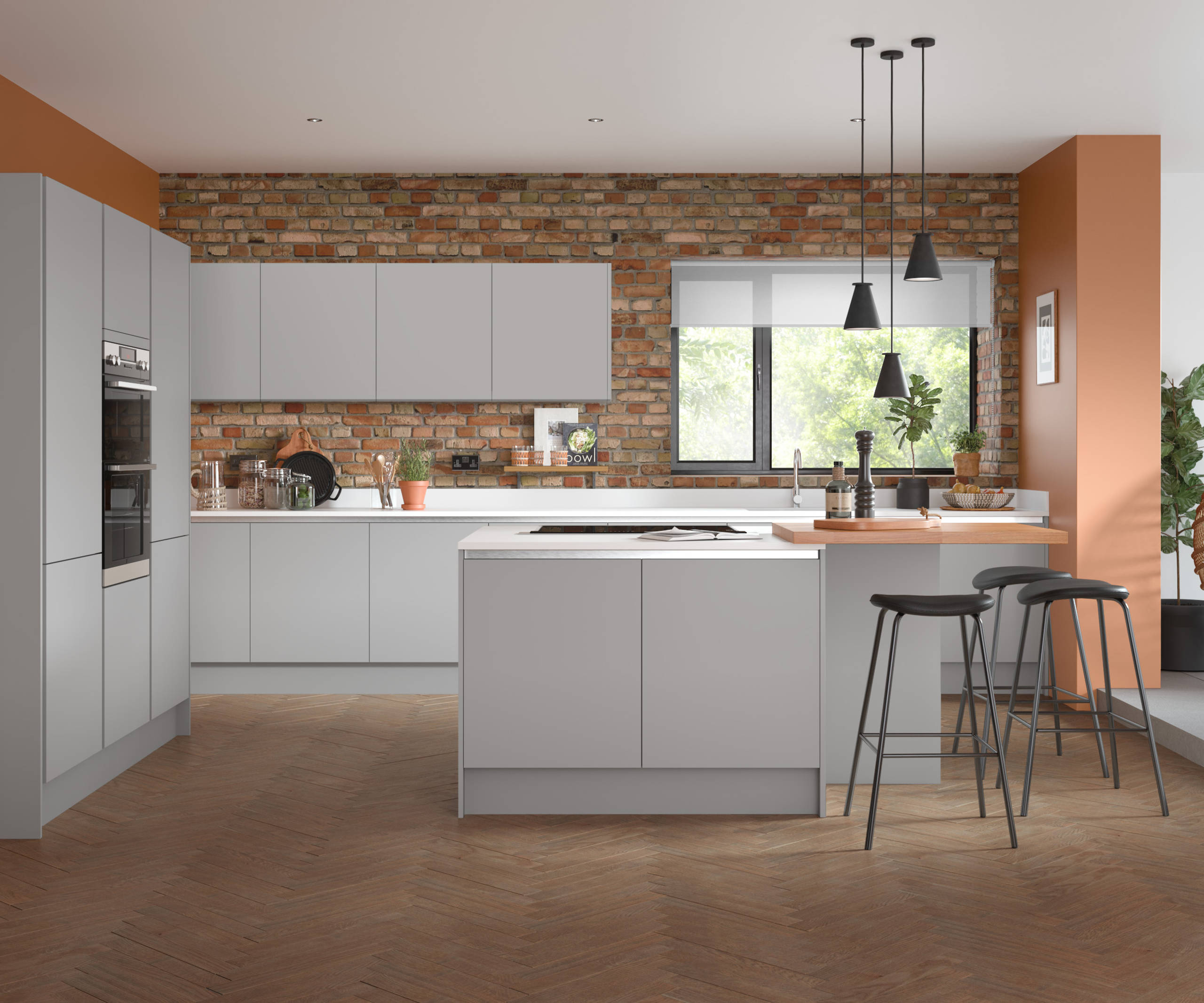 Integra Ascoli kitchen by Magnet. Matt finish handless door with trim brushed in aluminium for a high end finish.