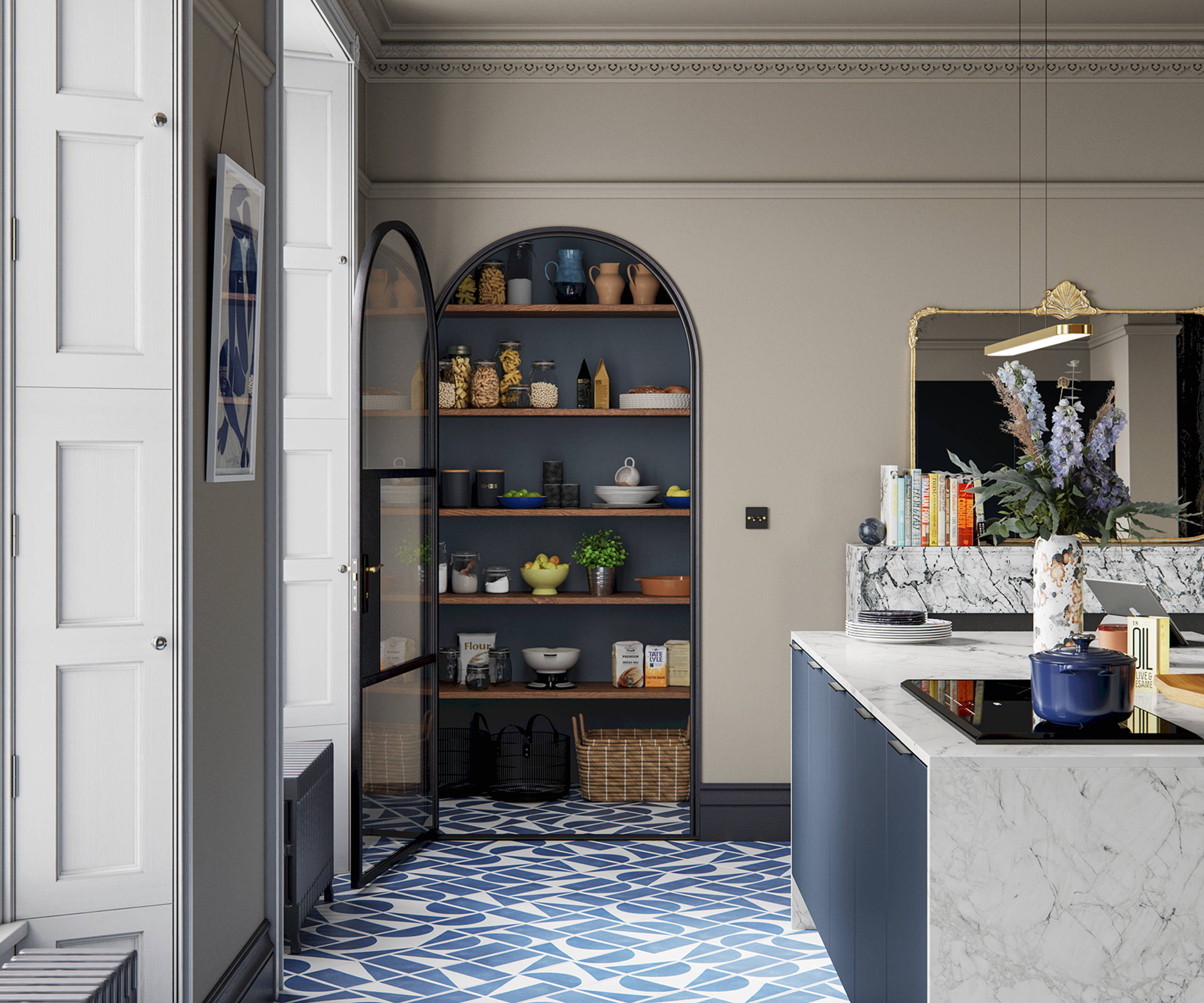 Hoxton kitchen. Smooth slab doors in a painted effect finish. Minimalist styling with your choice of handles and three colours.