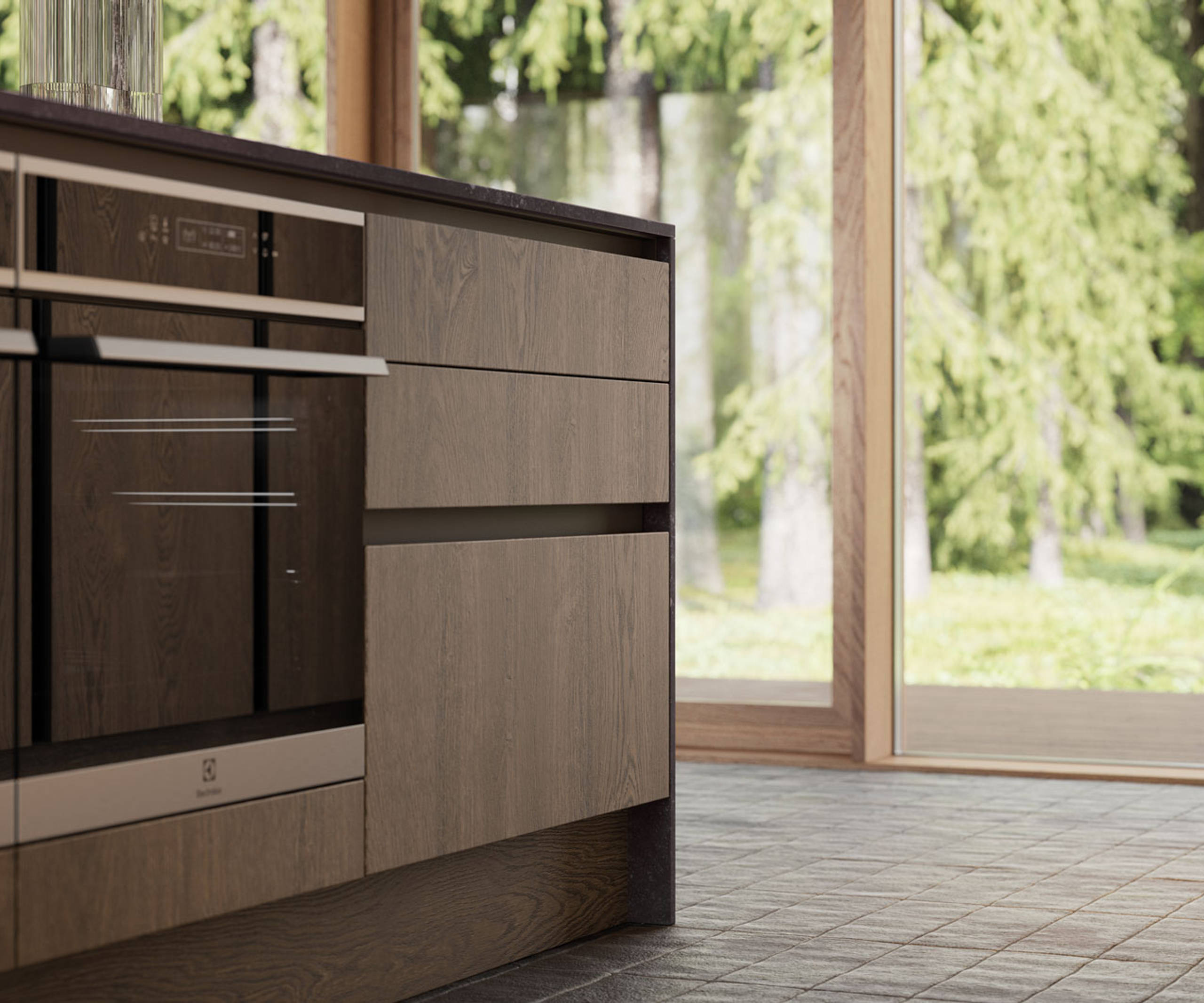 Integra Nordic Nature. Modern kitchen concept with a sleek handless design and fluted oak effect wood doors