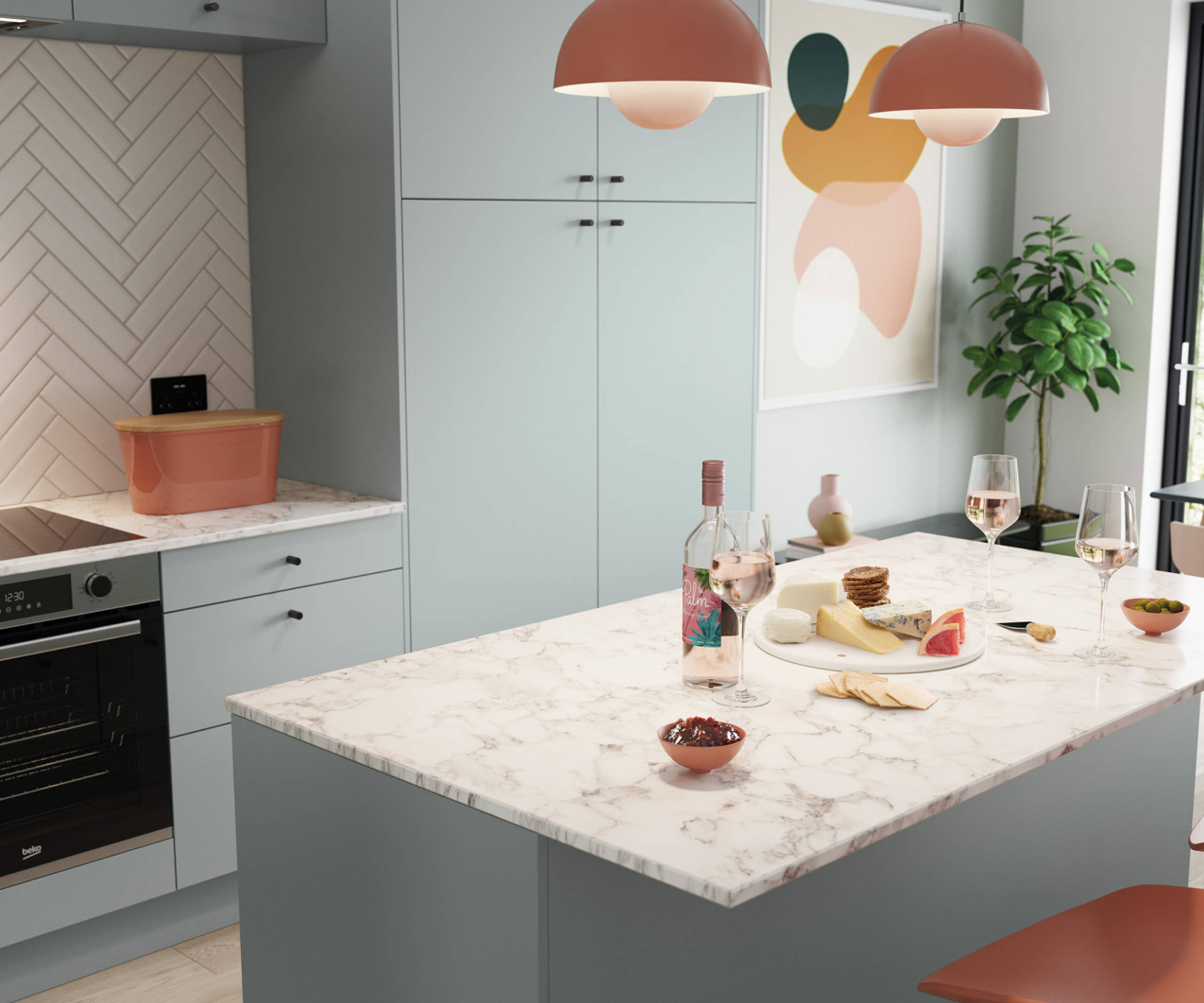 Nova by Magnet. Affordable slab door kitchen available in matt and super glass. 6 colours to chose from.
