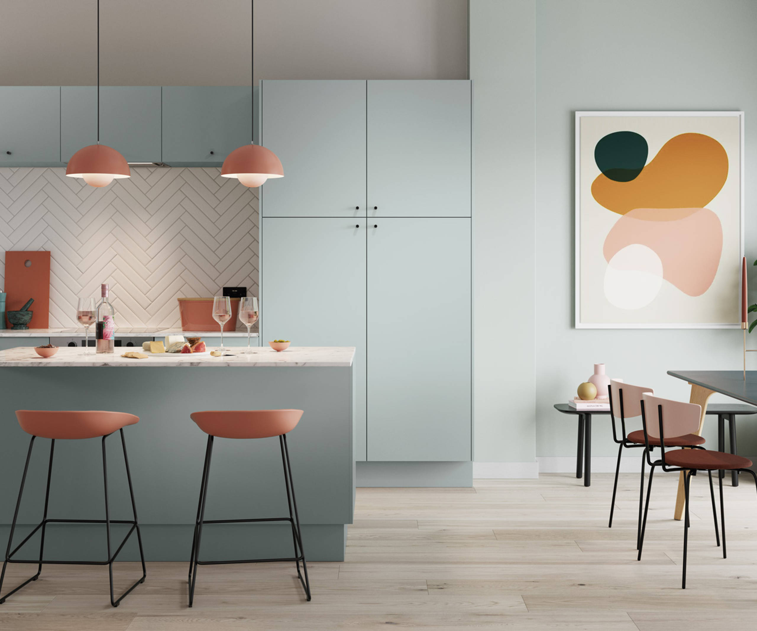 Nova by Magnet. Affordable slab door kitchen available in matt and super glass. 6 colours to chose from.