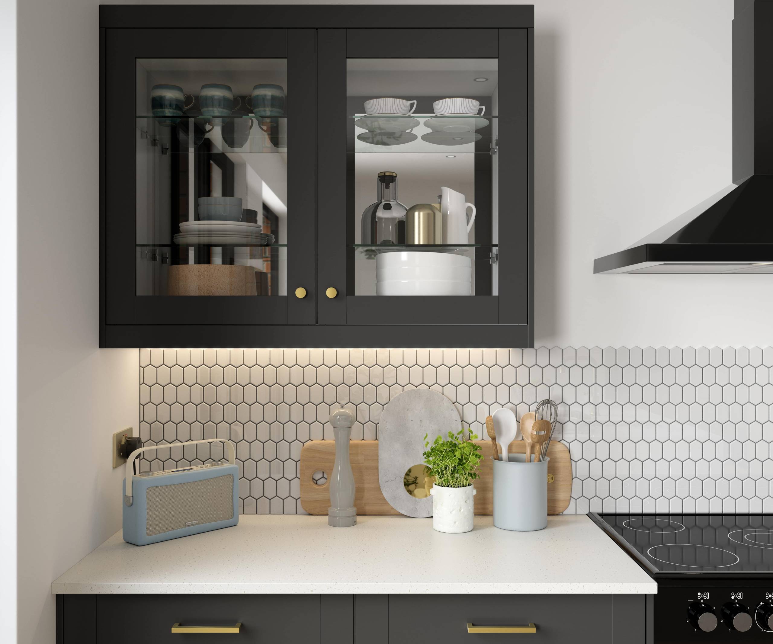 Close-up of framed glass front display cabinets Tatton Midnight kitchen from Magnet, a contemporary dark blue narrow frame shaker door.