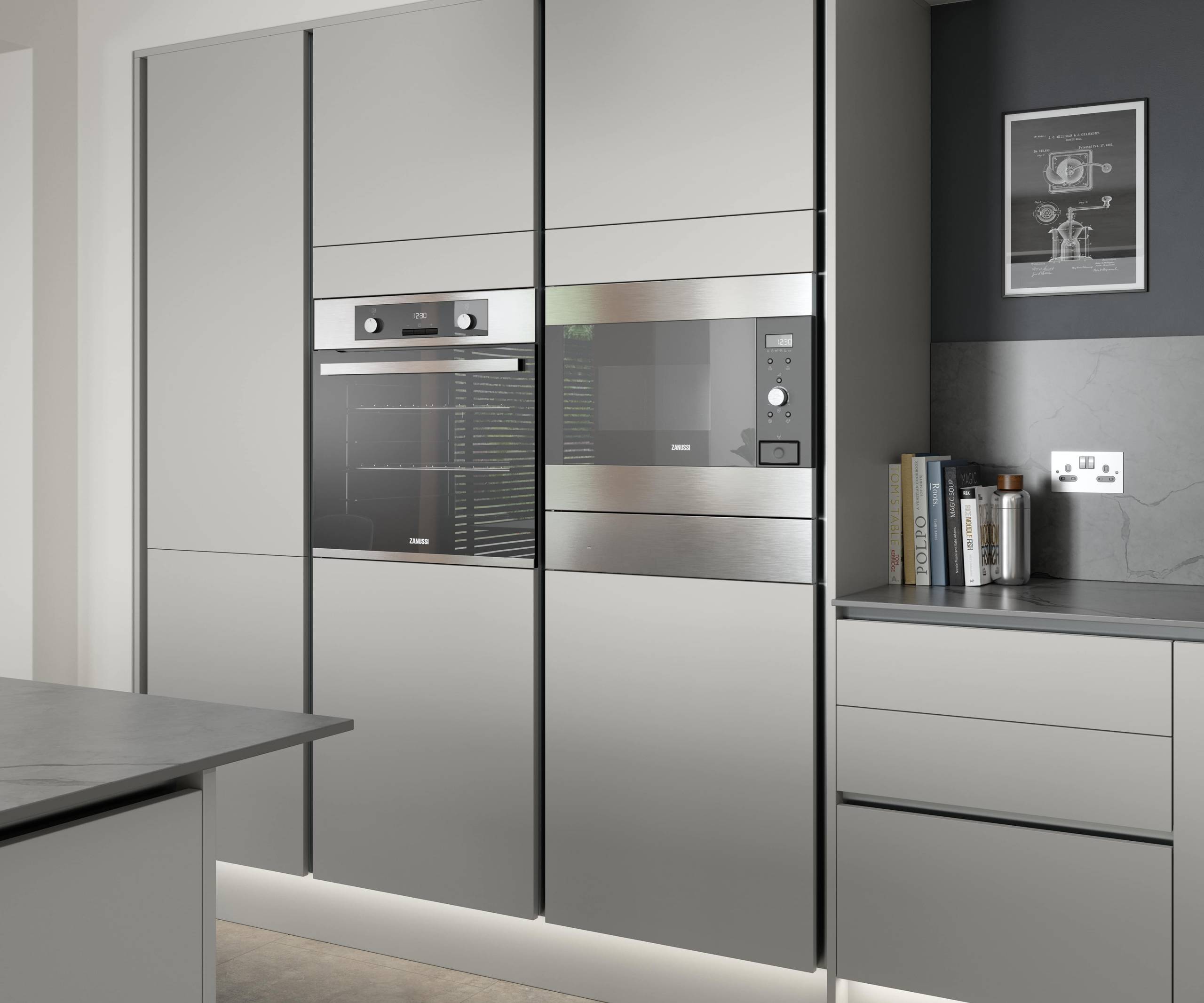 Integra Nova Grey by Magnet. Matt finished handless option with trim brushed in aluminum for a high end feel.