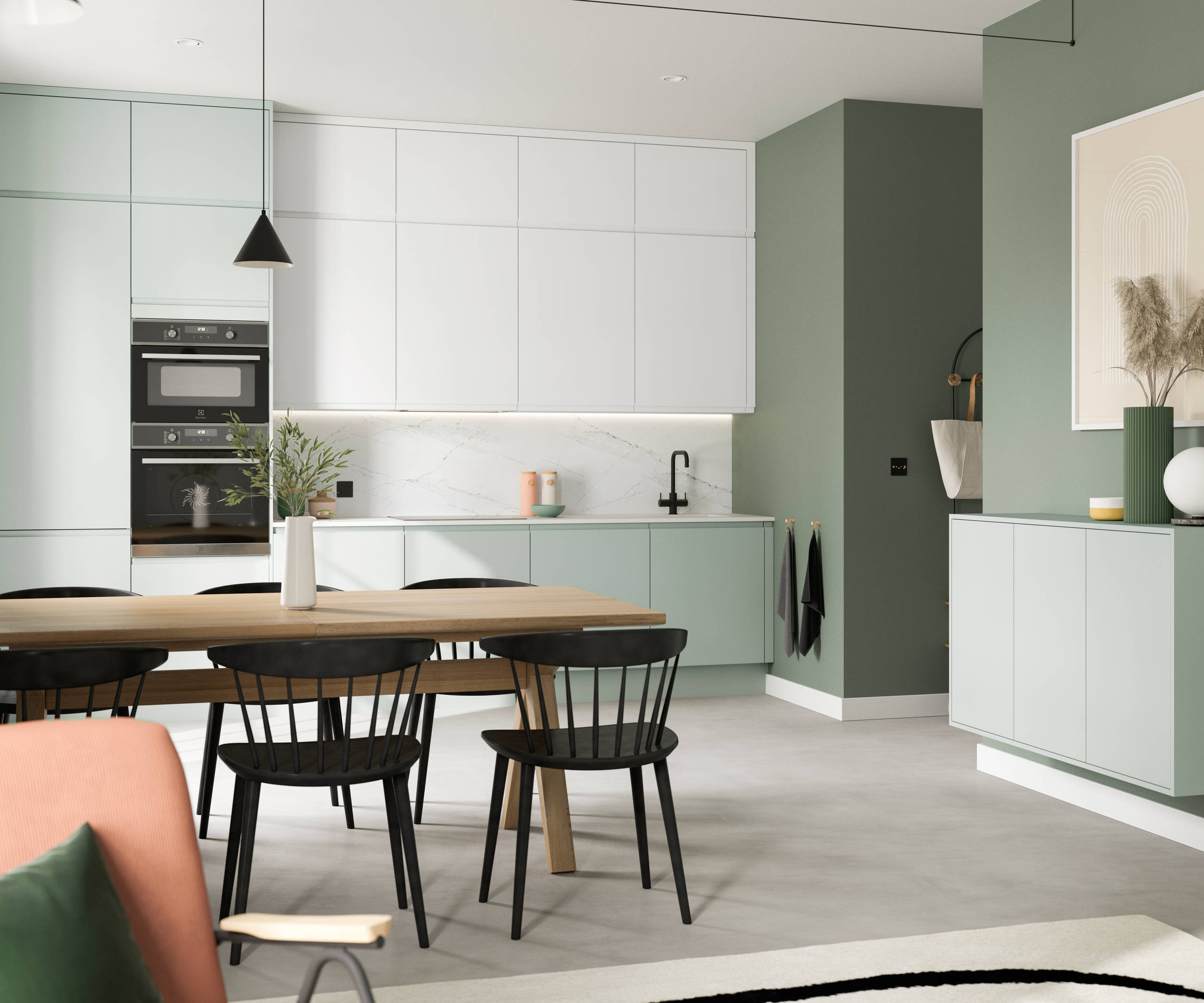 Minimalist kitchen design Luna, in the light and airy green shade Seagrass, with its integrated handle that gives any kitchen a beautiful, sleek finish.