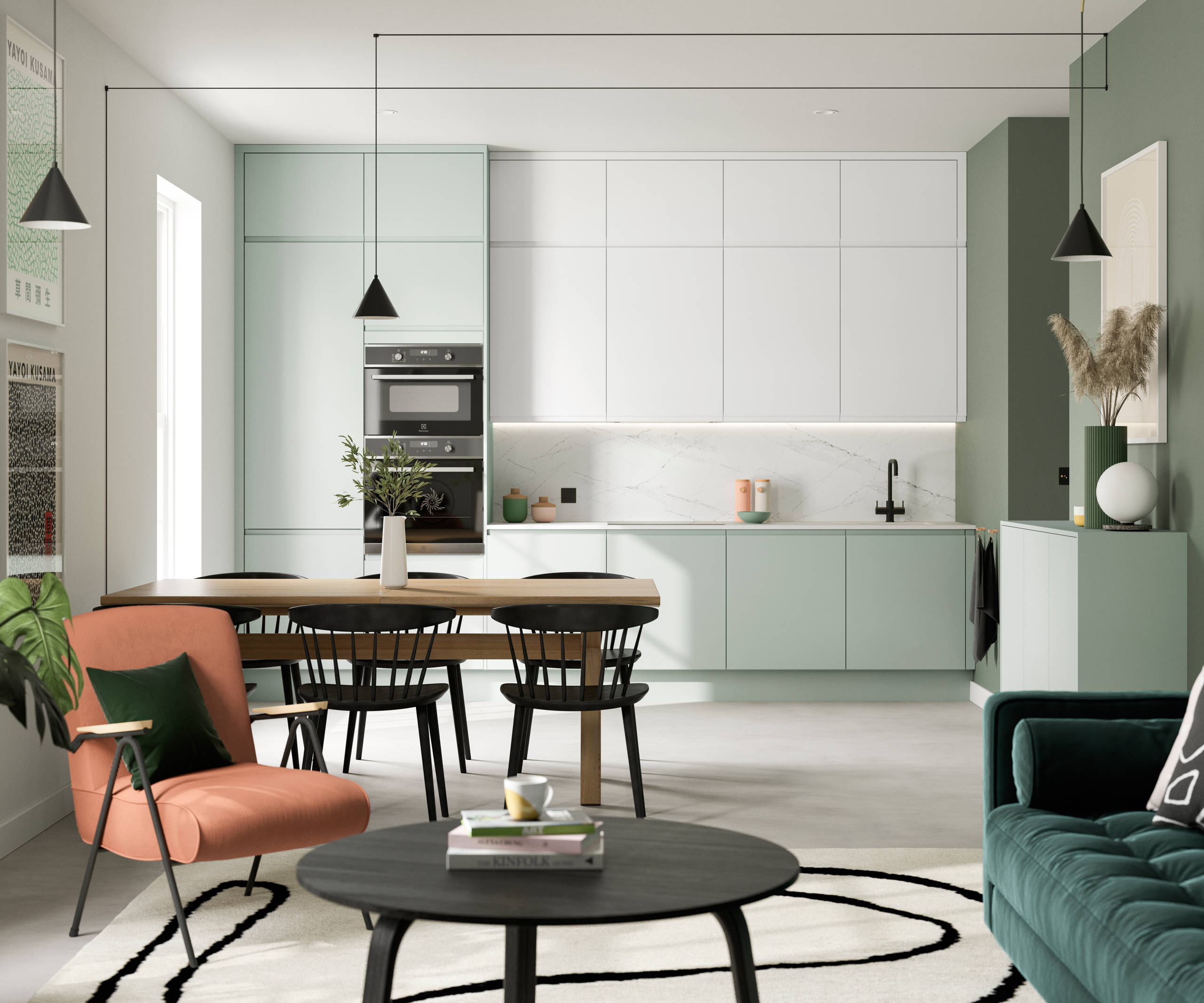 Minimalist kitchen design Luna, in the light and airy green shade Seagrass, with its integrated handle that gives any kitchen a beautiful, sleek finish.