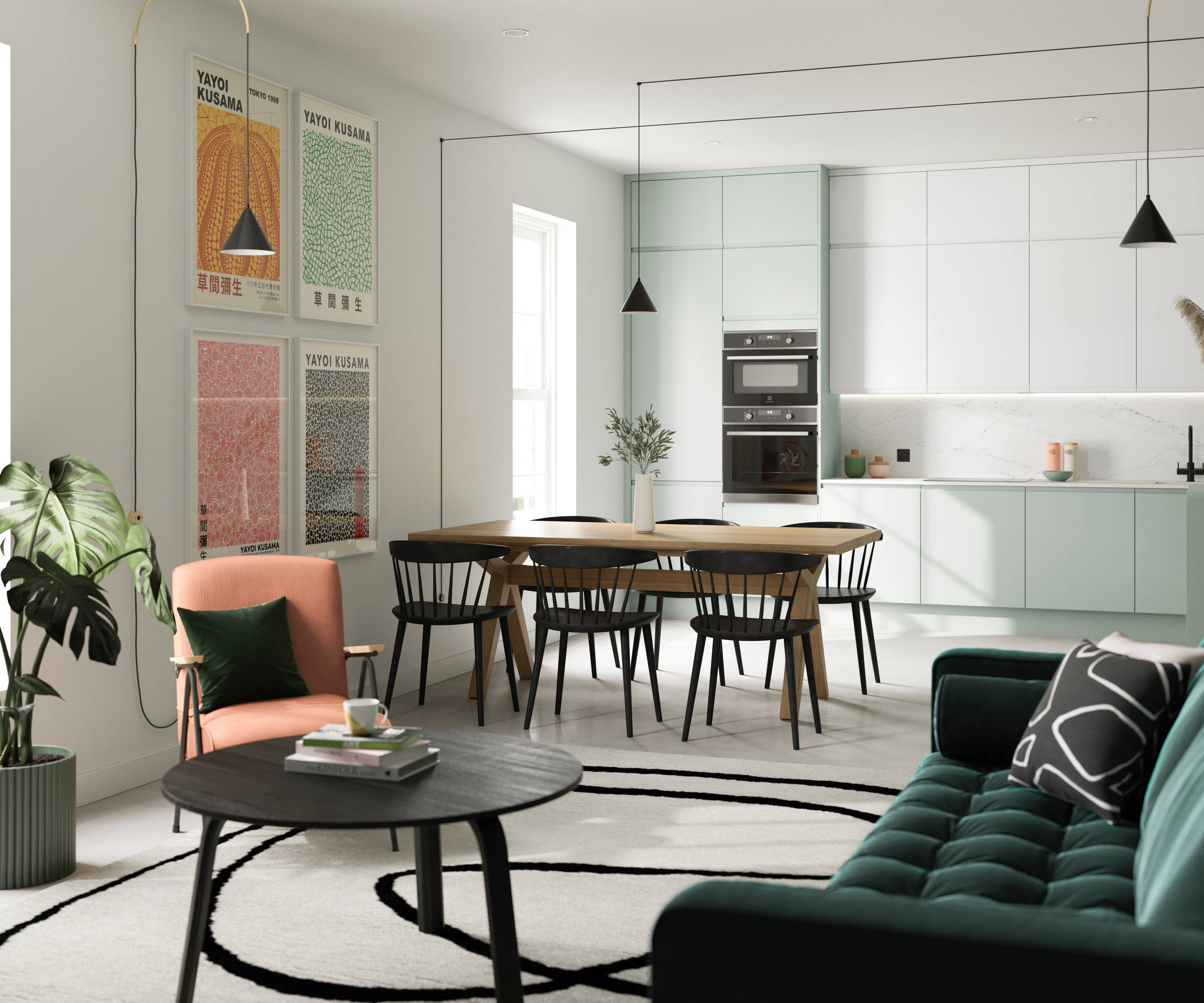Minimalist kitchen design Luna, in the light and airy green shade Seagrass, with its integrated handle that gives any kitchen a beautiful, sleek finish.