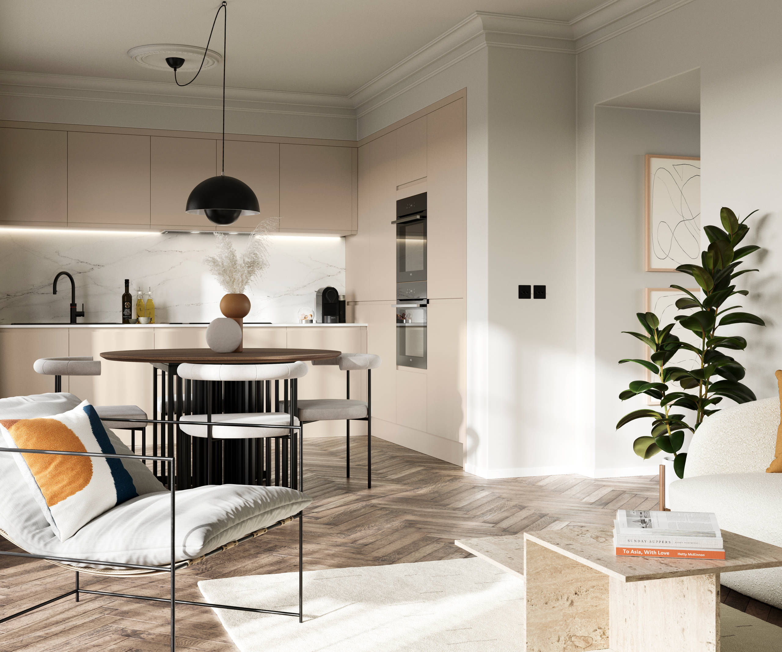 Luna in the shade Pebble is the ideal base for a minimalist kitchen design with its integrated handle that gives any kitchen a beautiful, sleek finish.