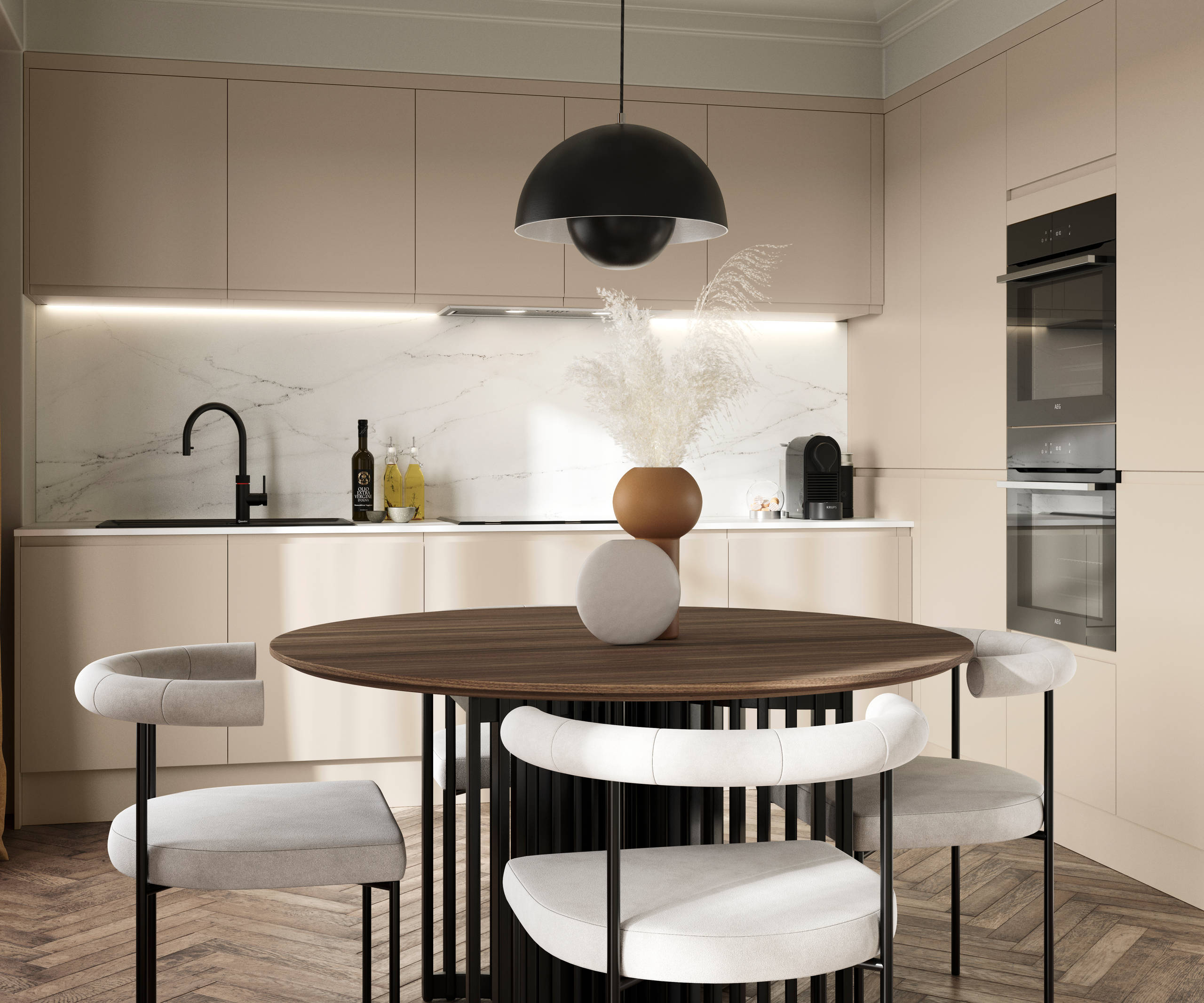 Luna in the shade Pebble is the ideal base for a minimalist kitchen design with its integrated handle that gives any kitchen a beautiful, sleek finish.
