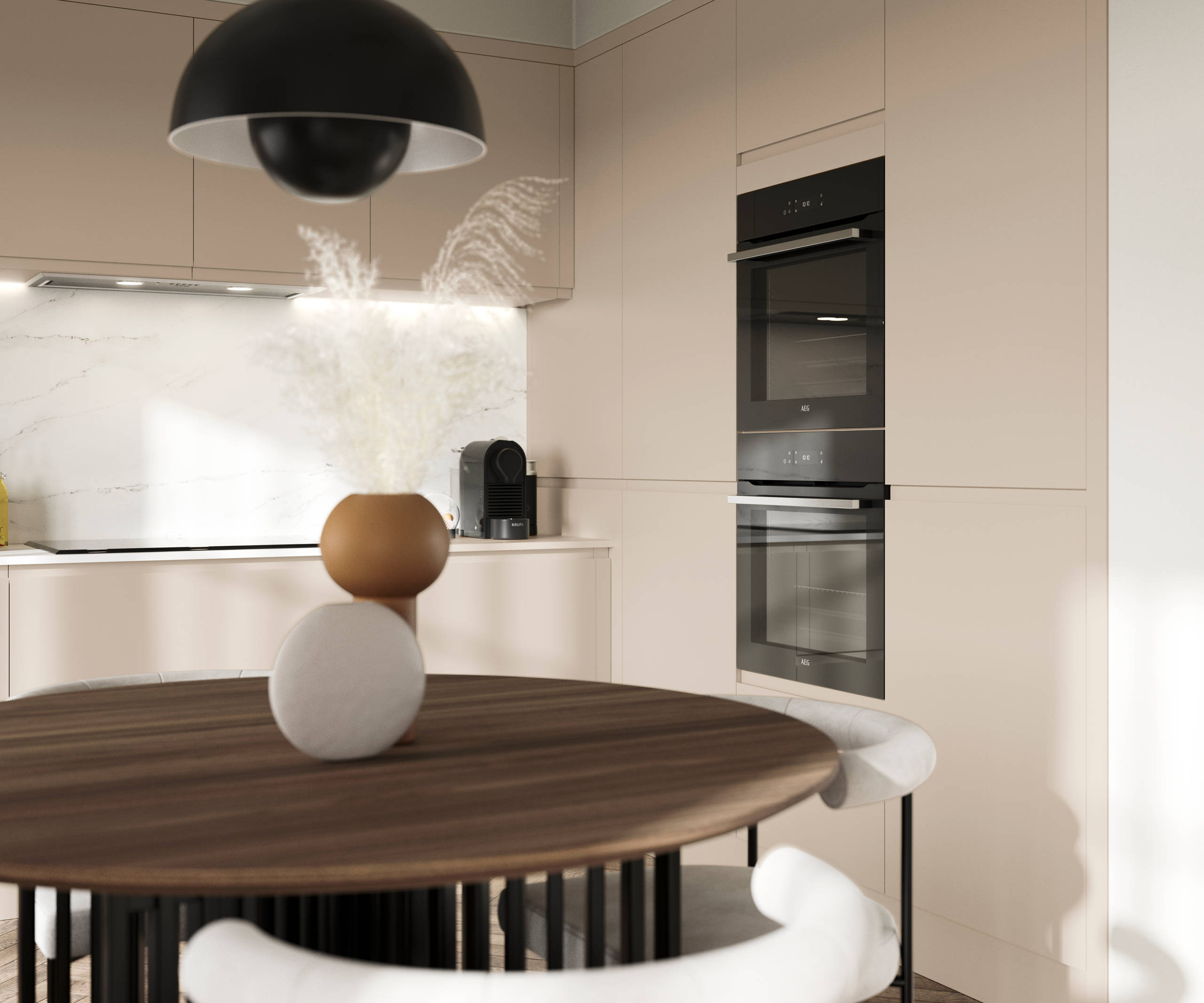 Luna in the shade Pebble is the ideal base for a minimalist kitchen design with its integrated handle that gives any kitchen a beautiful, sleek finish.