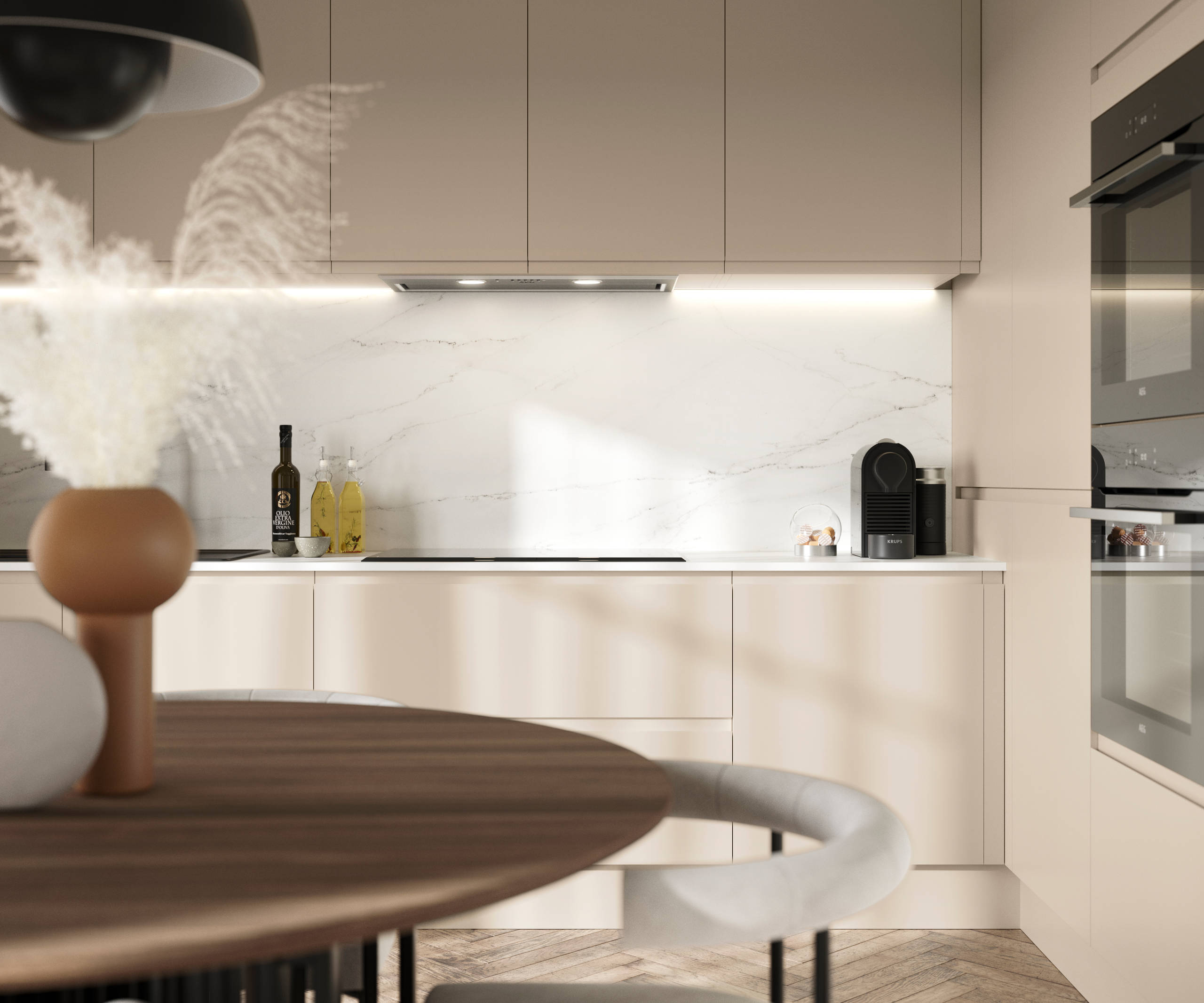 Luna in the shade Pebble is the ideal base for a minimalist kitchen design with its integrated handle that gives any kitchen a beautiful, sleek finish.