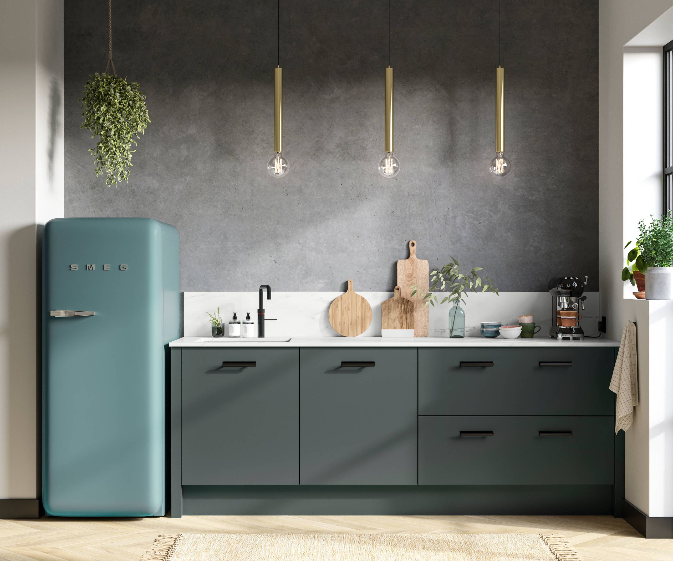 Straight view of modern Soho Arboretum kitchen with black tap and handles, dark grey marbled wall and blue Smeg fridge.