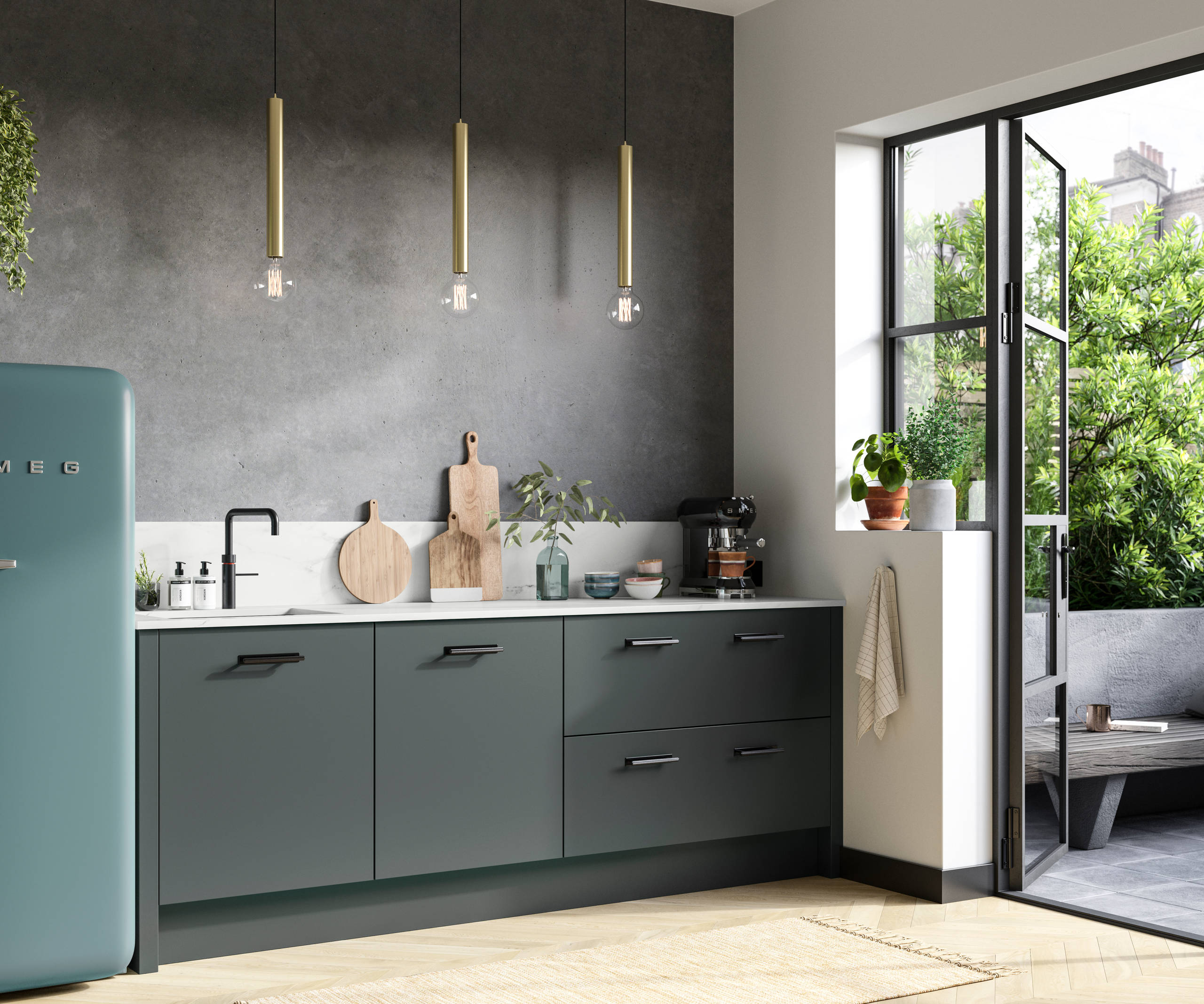 Soho kitchen in Arboretum Green with a blue Smeg fridge, white worktop and splashback matched with black handles and tap.
