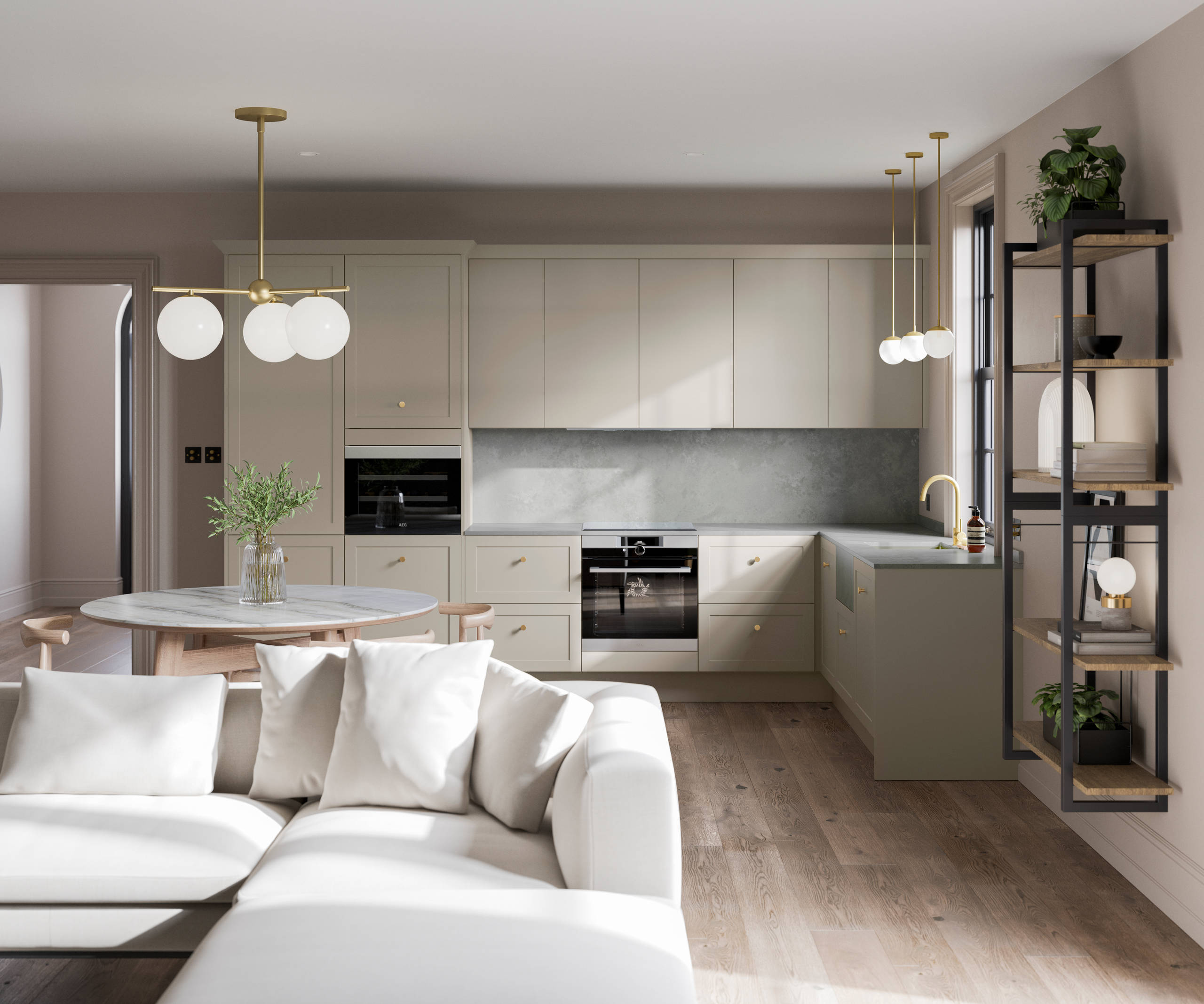 Modern and neutral shade of Dunham kitchen in an open plan kitchen.