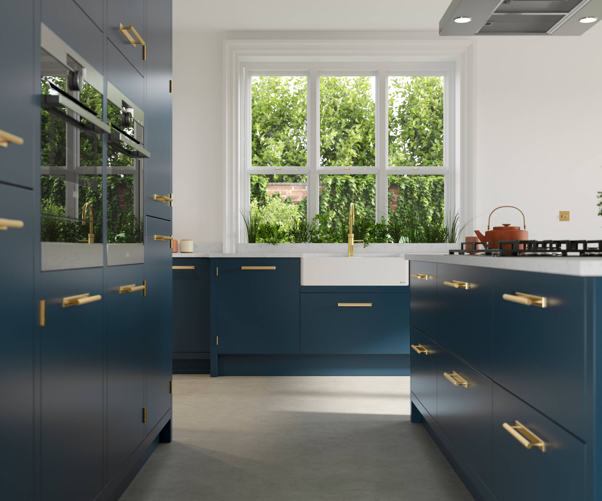 Soho Voyage Blue kitchen white porcelain wink, brass tap and matching brass handles.