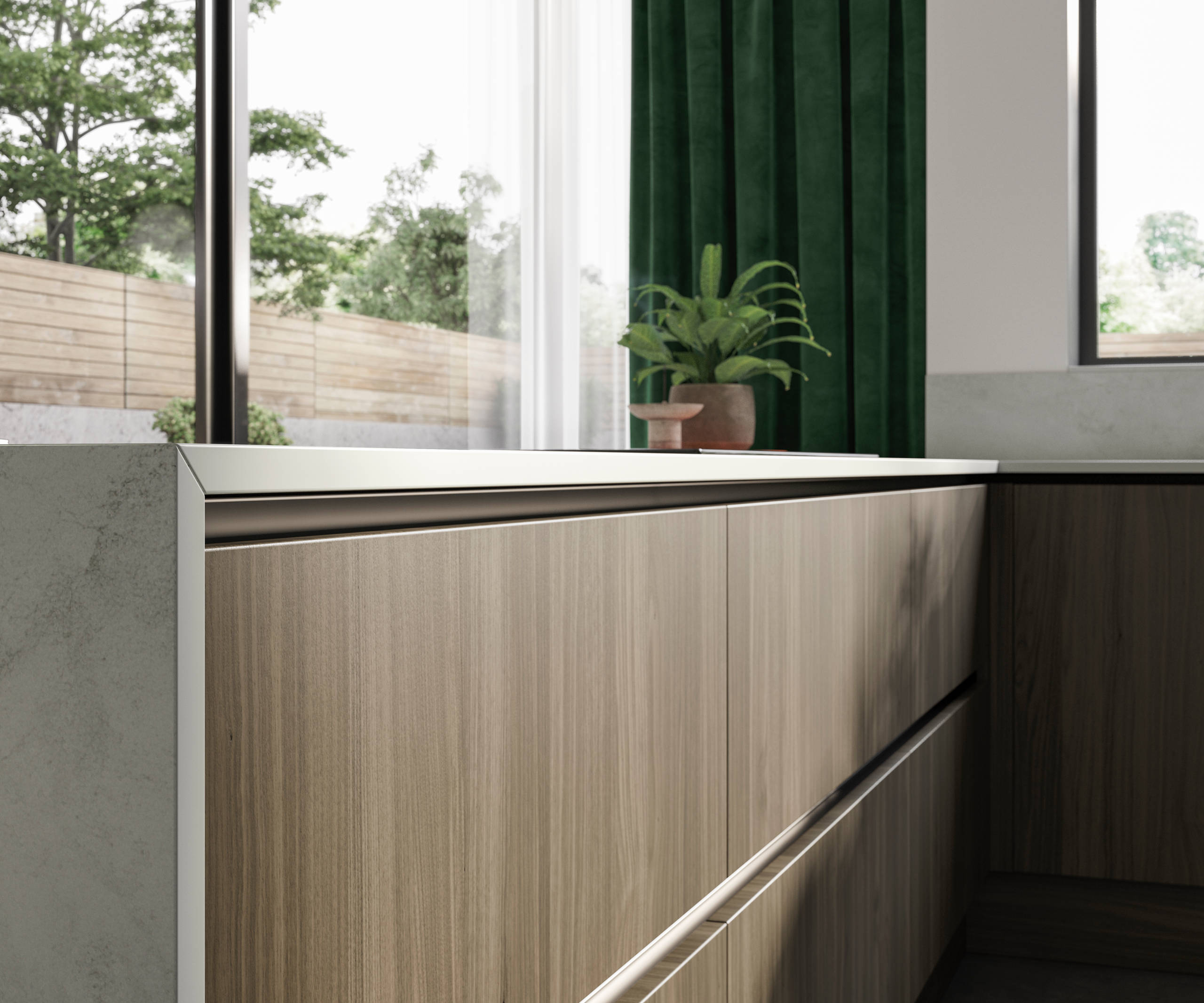 Integra Ascoli and Soho - a bright green and wood combination frameless slab door for a minimalist kitchen design.