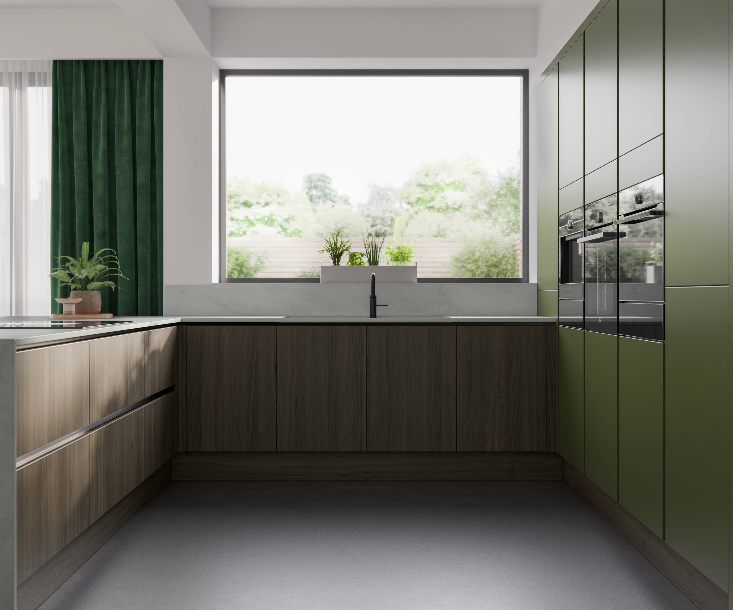 Integra Ascoli and Soho - a bright green and wood combination frameless slab door for a minimalist kitchen design.
