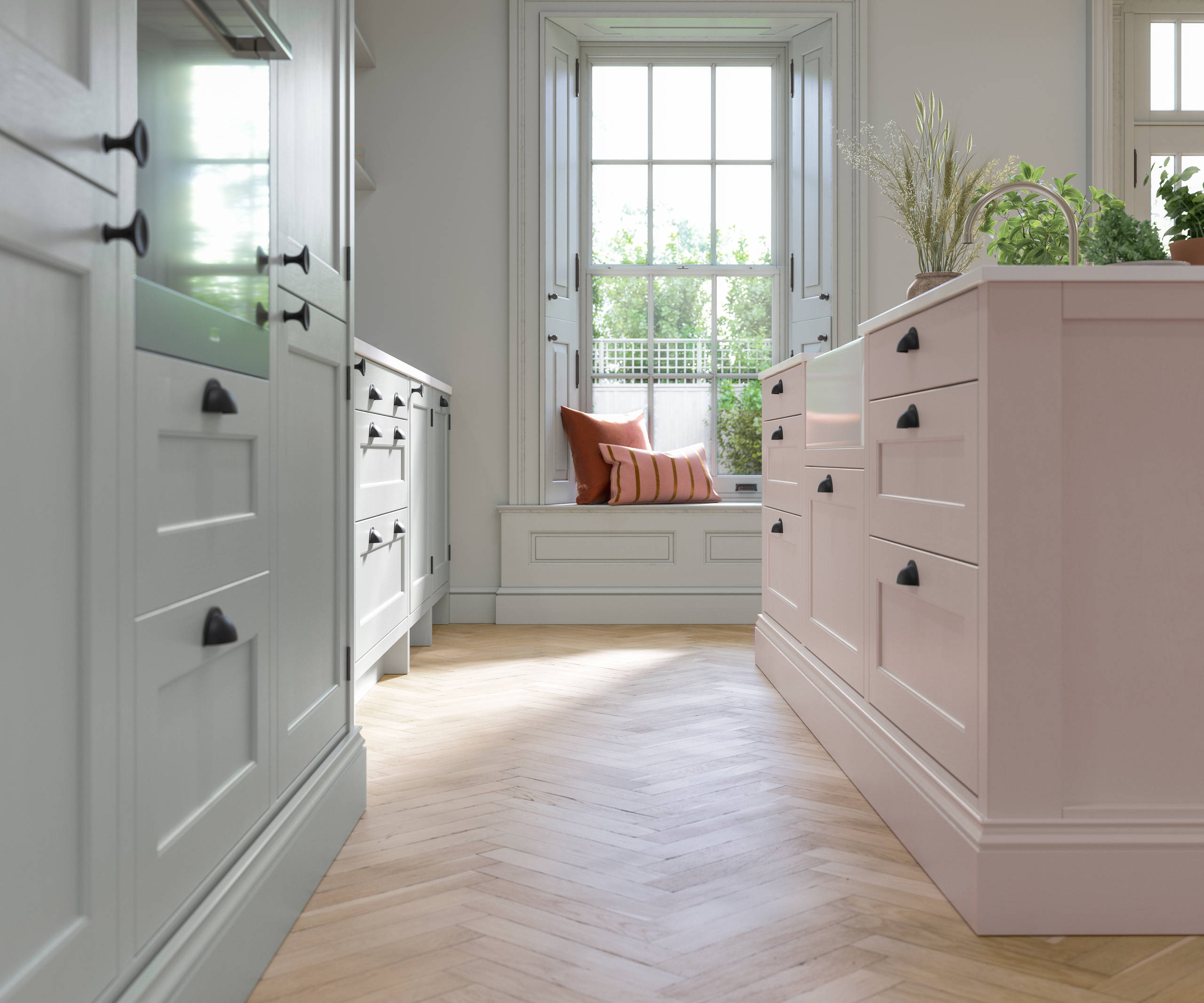 Ludlow, a traditional Shaker-style kitchen range featuring panelled doors with visible woodgrain and beading detail, in the light airy shade Seagrass.