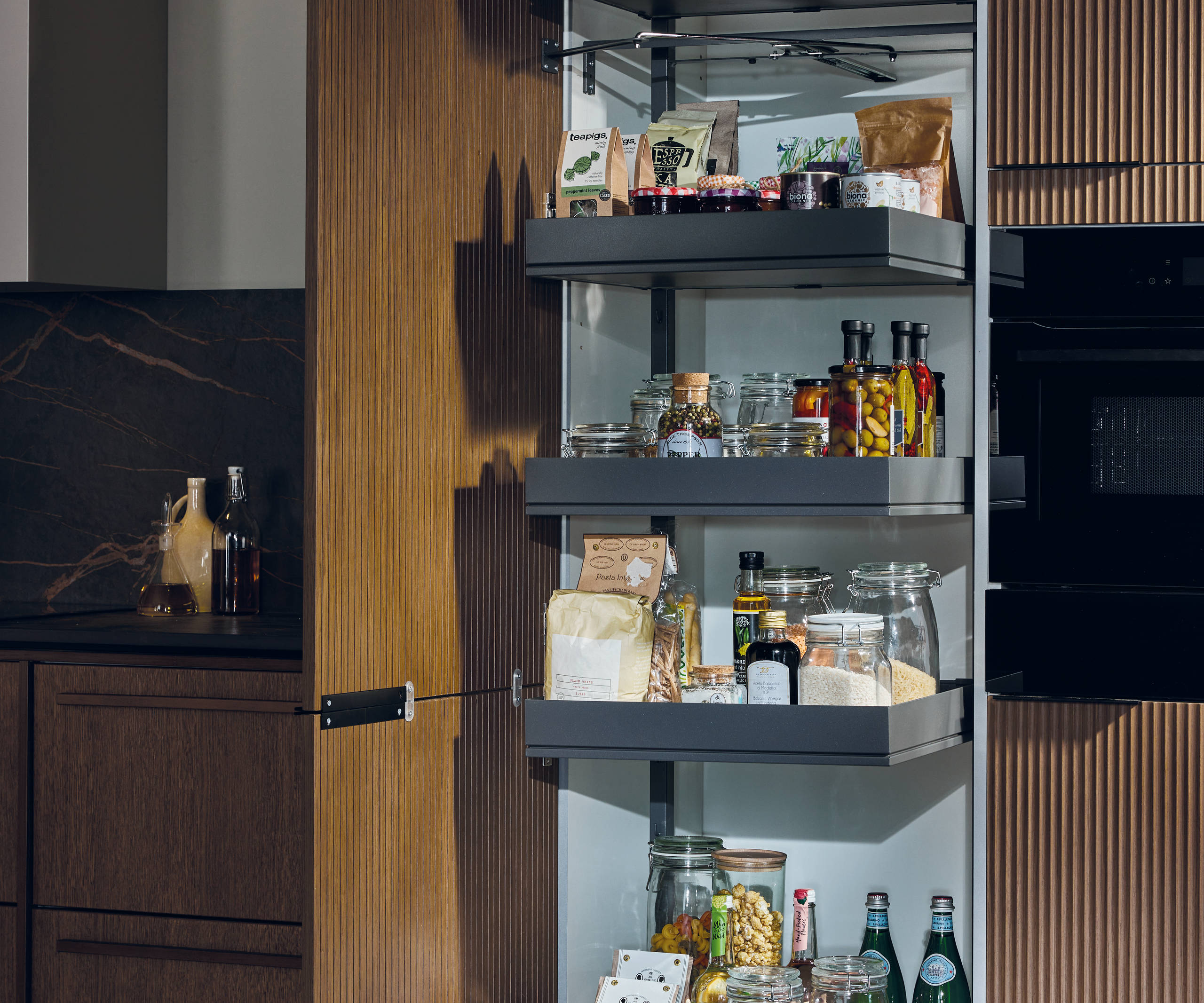 Magnet's kitchen Nordic Nature, with straight pull-out larder.
